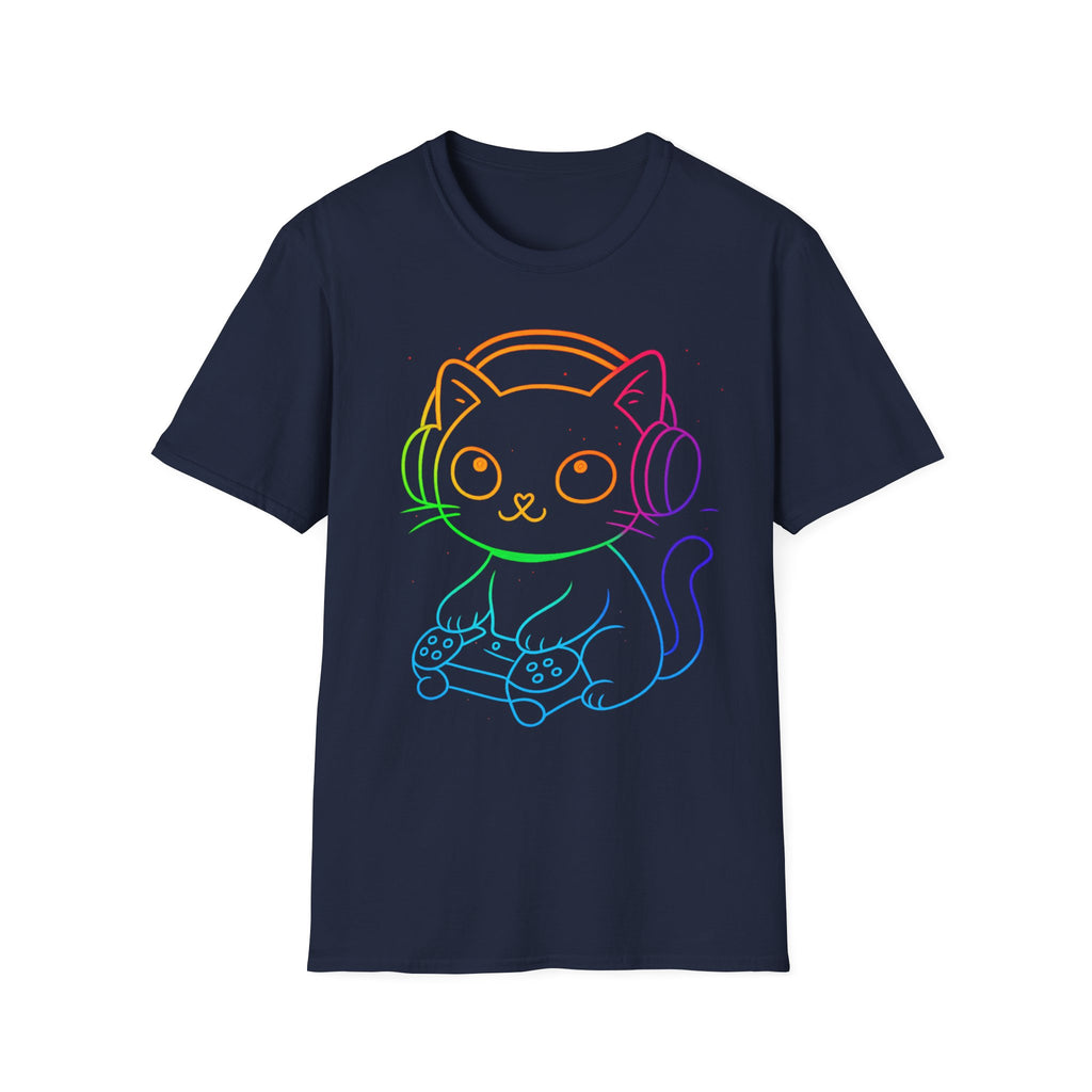 Rainbow Gamer Cat T-Shirt | Cute Kitty with Headphones & Controller