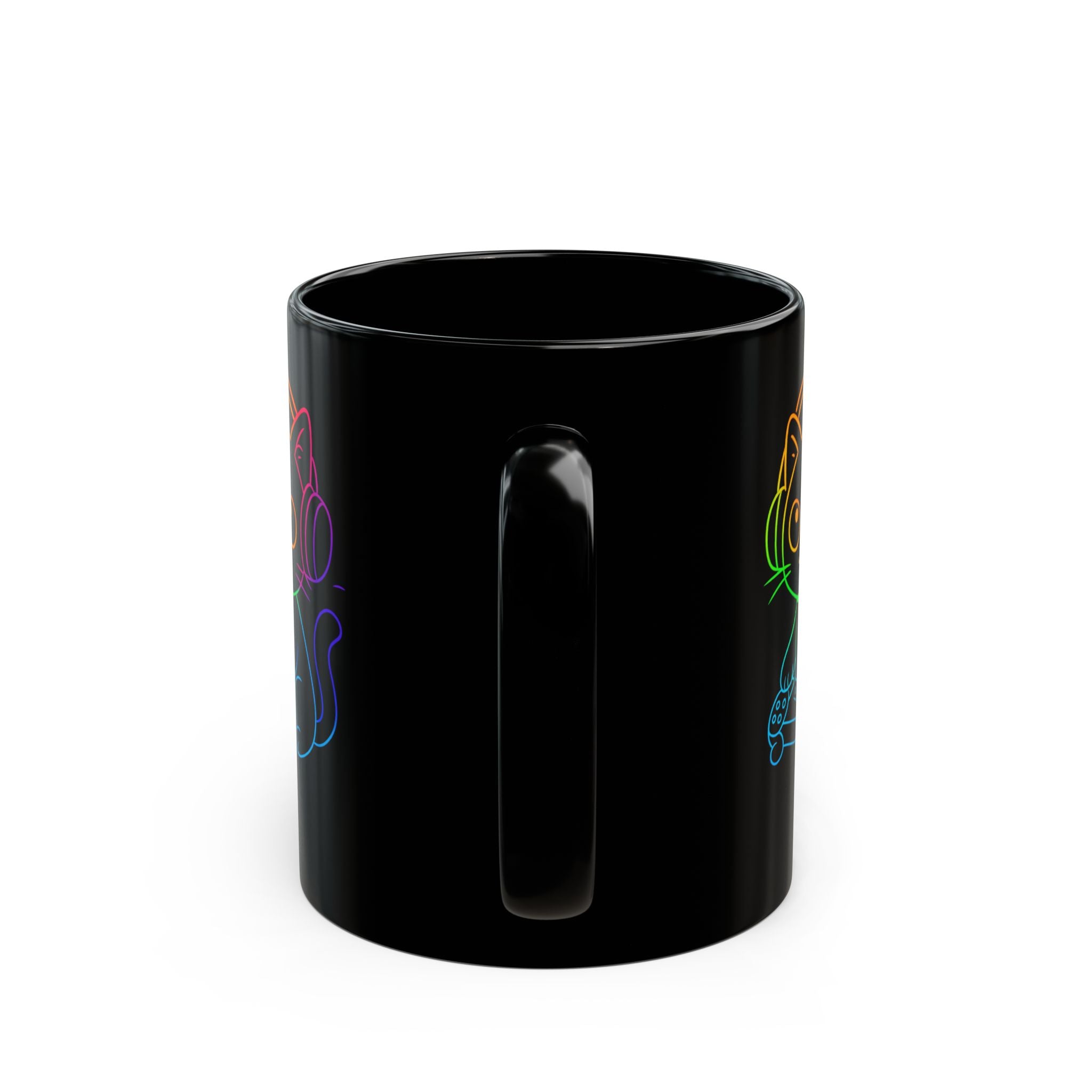 Neon Gamer Cat Mug | Black Ceramic Coffee Cup with Rainbow Cat Wearing Headphones 11oz