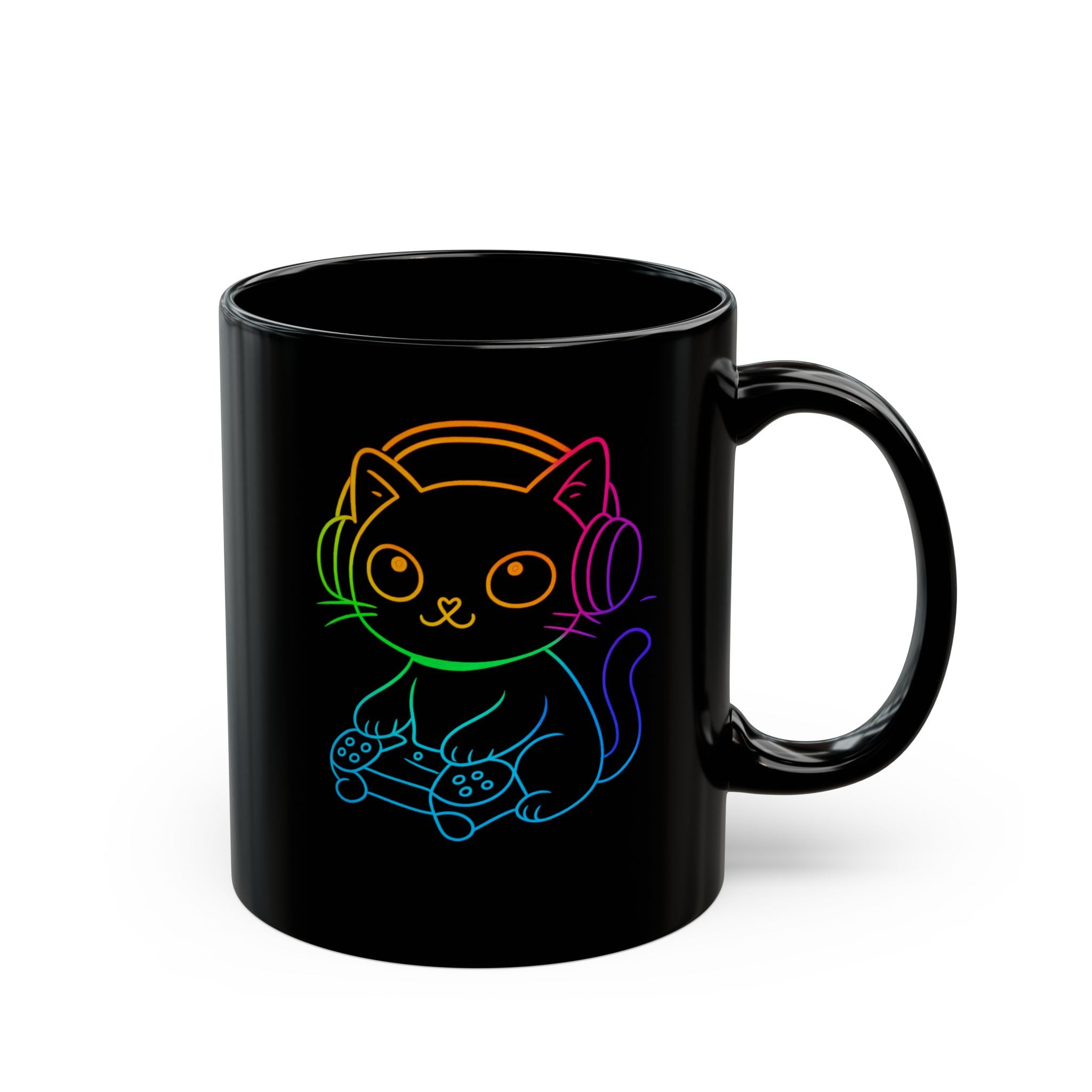Neon Gamer Cat Mug | Black Ceramic Coffee Cup with Rainbow Cat Wearing Headphones 11oz