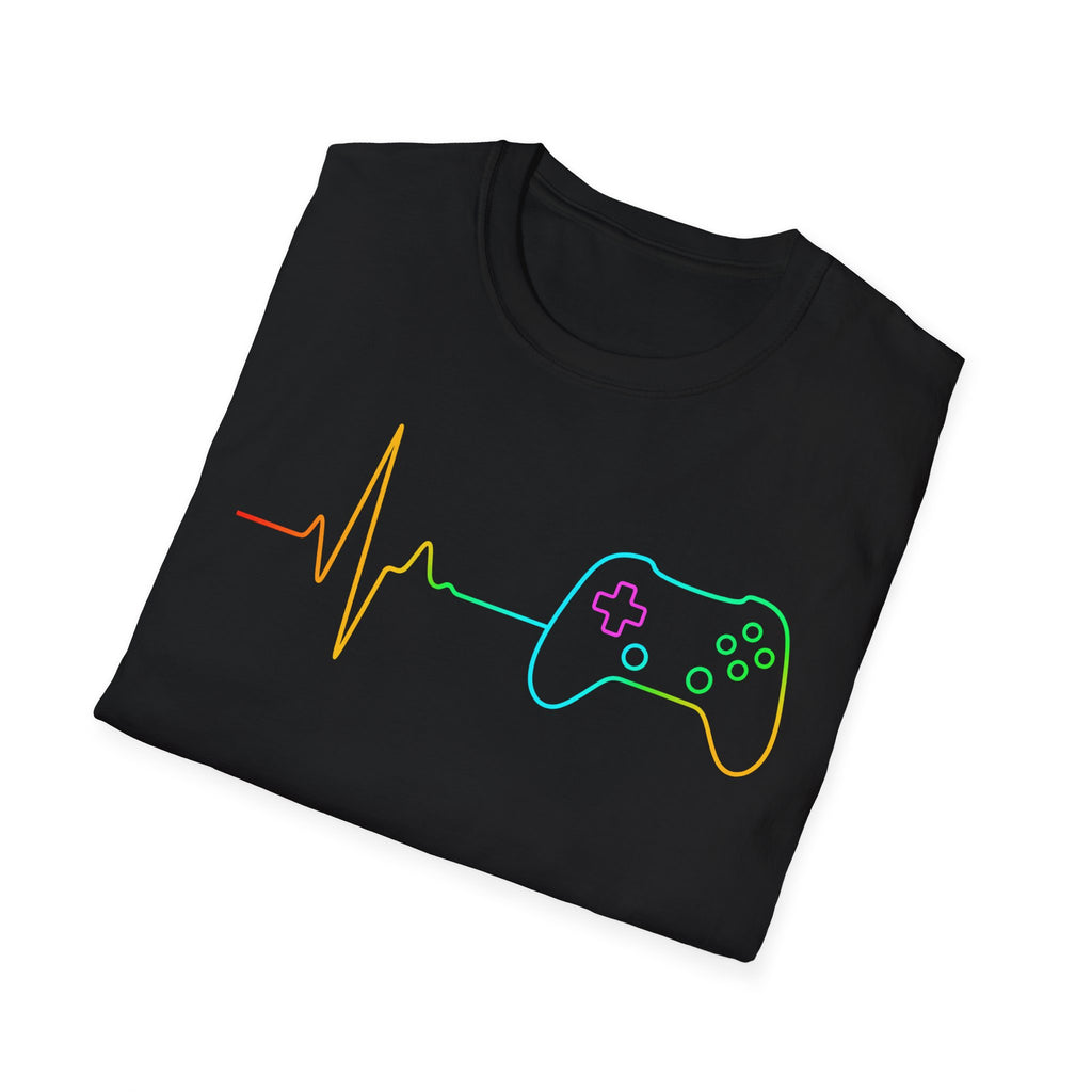 Heartbeat Game Controller T-Shirt | Neon Gaming Pulse Tee