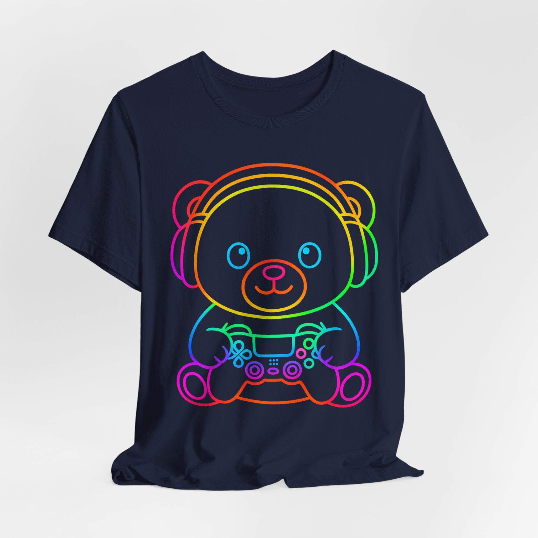 Gaming Bear Graphic Tee — Rainbow Cute Gamer Teddy Shirt