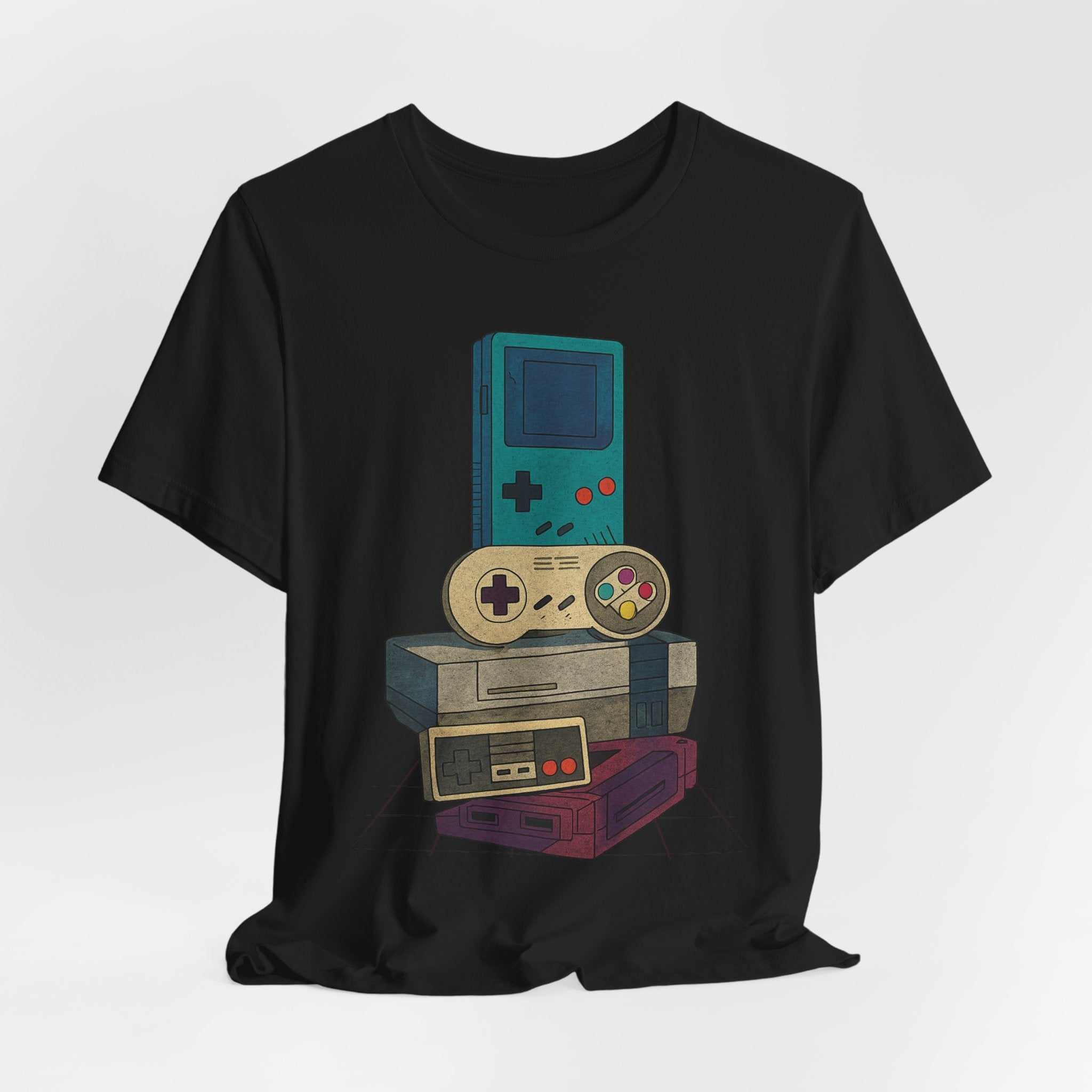 Retro Gaming Stack T-Shirt — Vintage Handheld & Console Graphic Tee