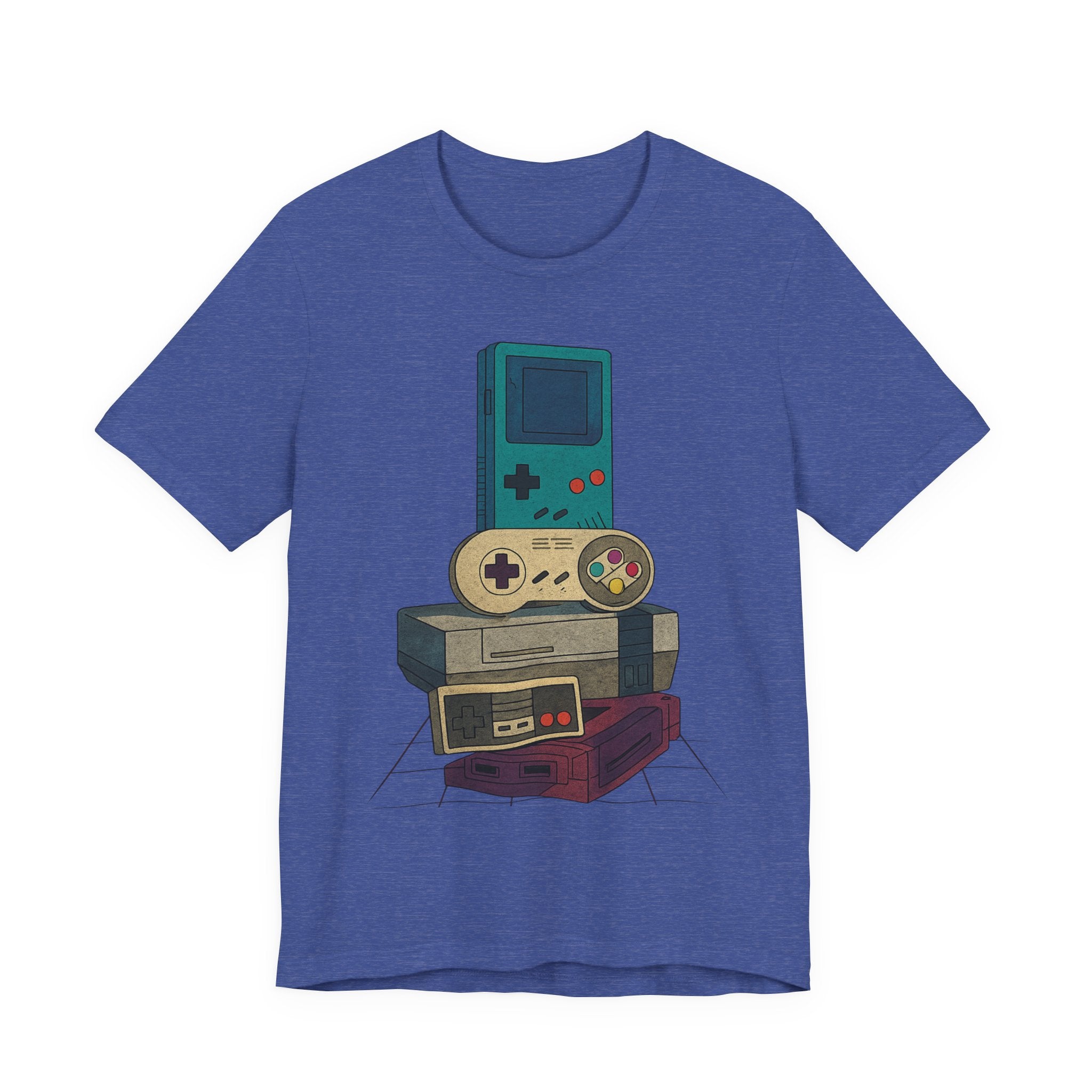 Retro Gaming Stack T-Shirt — Vintage Handheld & Console Graphic Tee