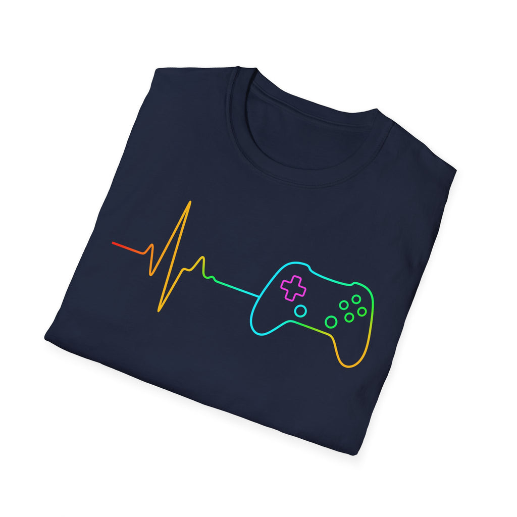 Heartbeat Game Controller T-Shirt | Neon Gaming Pulse Tee