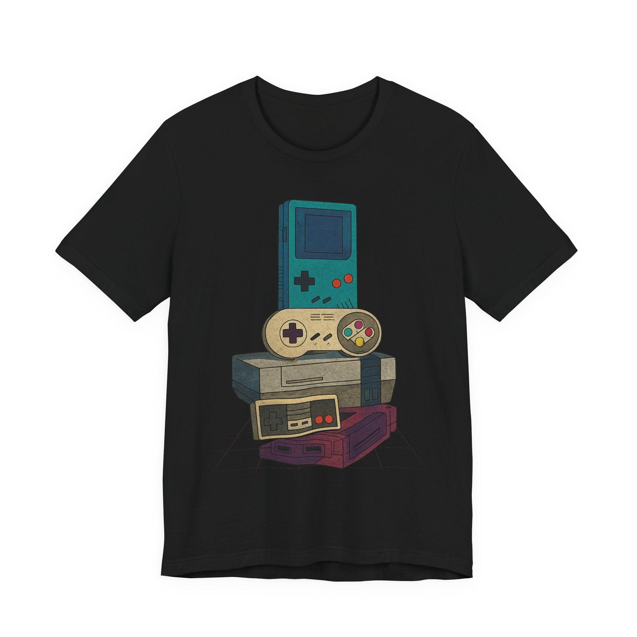 Retro Gaming Stack T-Shirt — Vintage Handheld & Console Graphic Tee