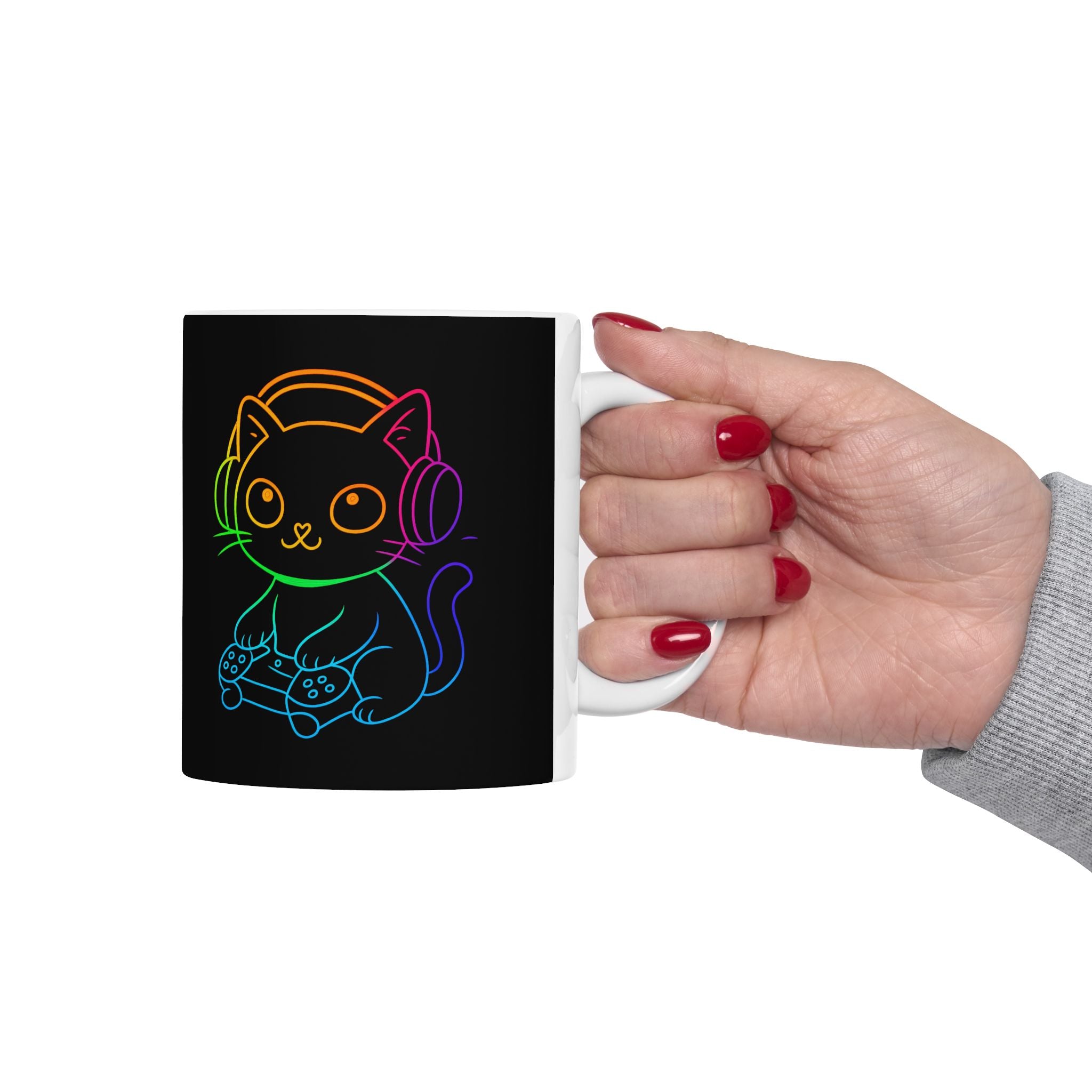 Neon Gamer Cat Mug | Rainbow Outline Cat with Headphones & Game Controller (11oz, 15oz)