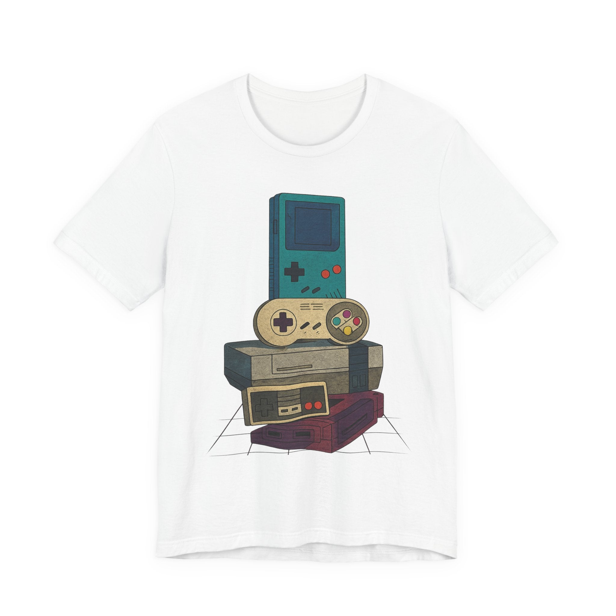 Retro Gaming Stack T-Shirt — Vintage Handheld & Console Graphic Tee