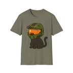 Cute Gamer Cat T‑Shirt | Black Cat Wearing Spartan Helmet Tee