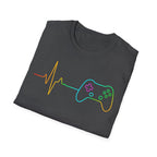 Heartbeat Game Controller T-Shirt | Neon Gaming Pulse Tee