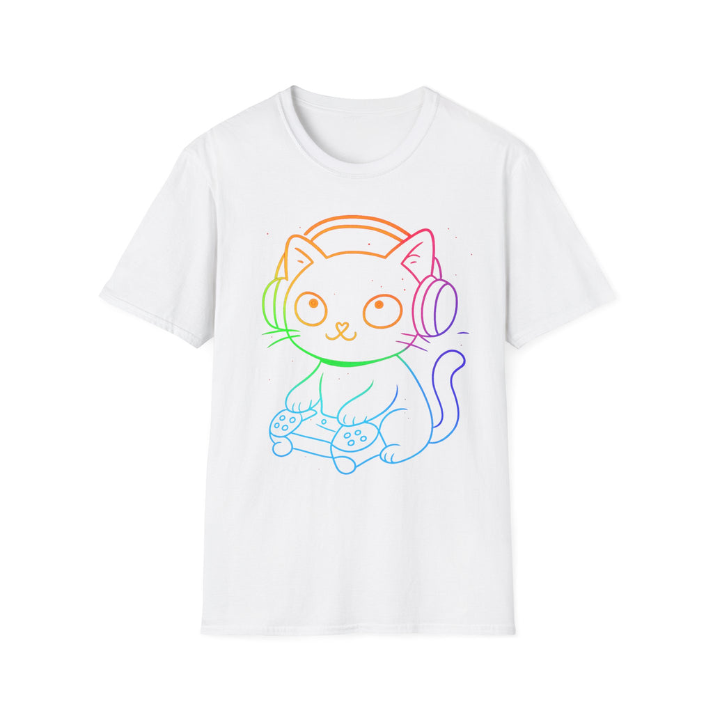 Rainbow Gamer Cat T-Shirt | Cute Kitty with Headphones & Controller