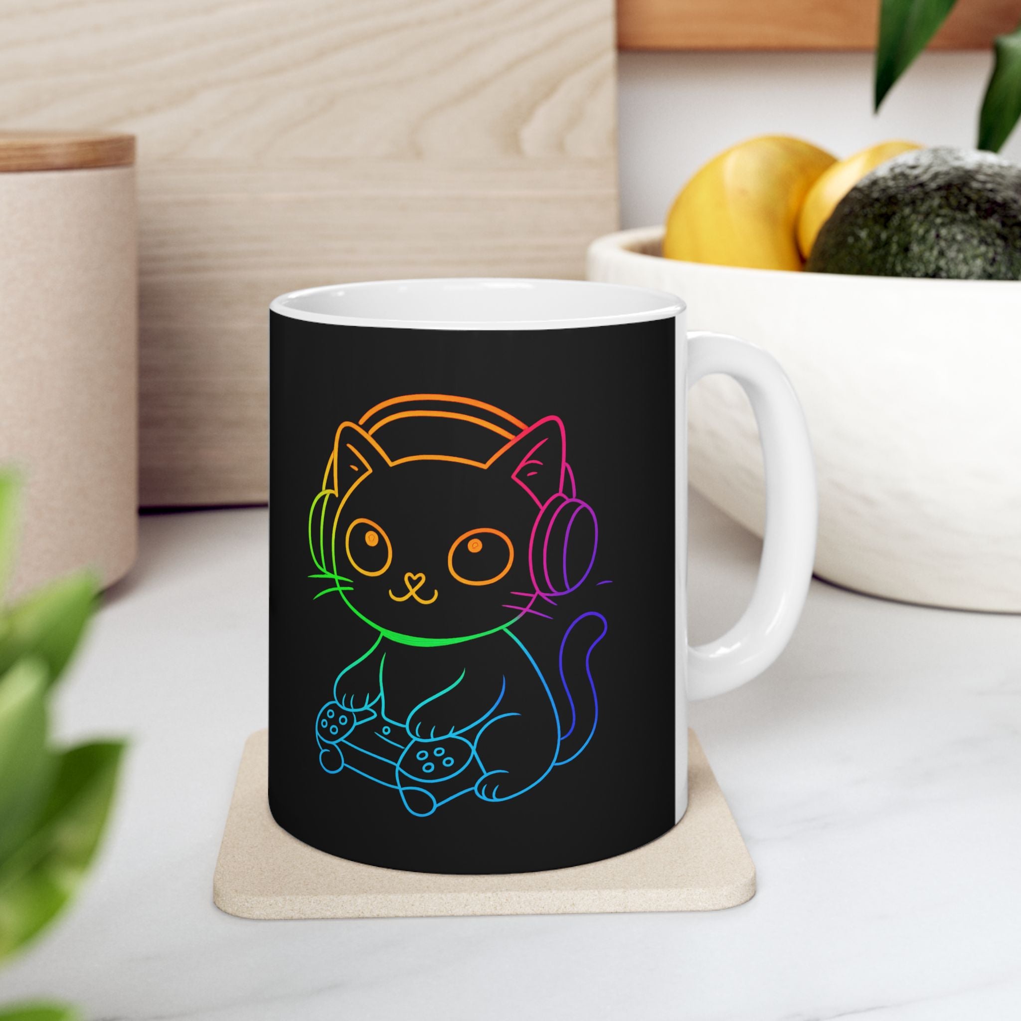 Neon Gamer Cat Mug | Rainbow Outline Cat with Headphones & Game Controller (11oz, 15oz)