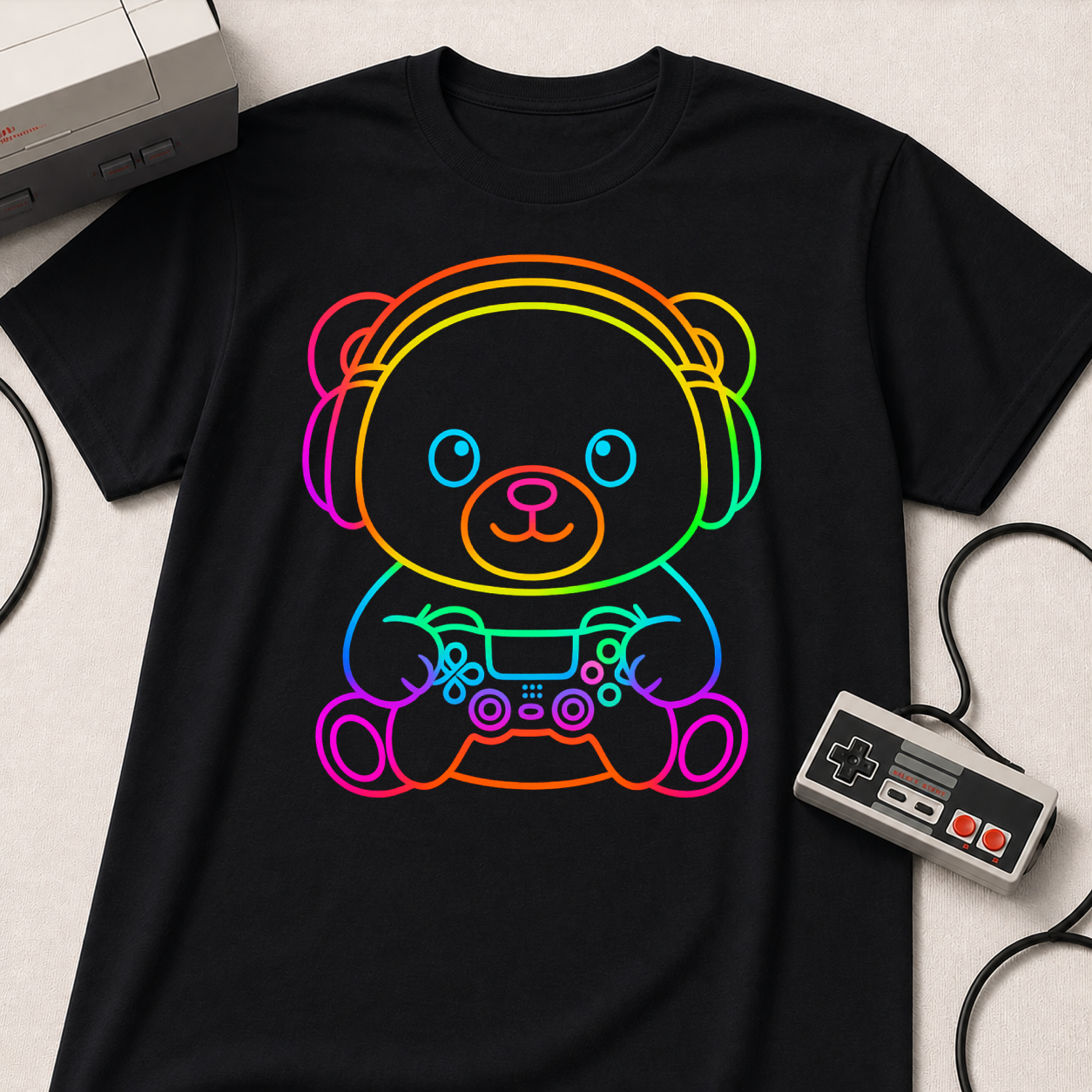 Gaming Bear Graphic Tee — Rainbow Cute Gamer Teddy Shirt
