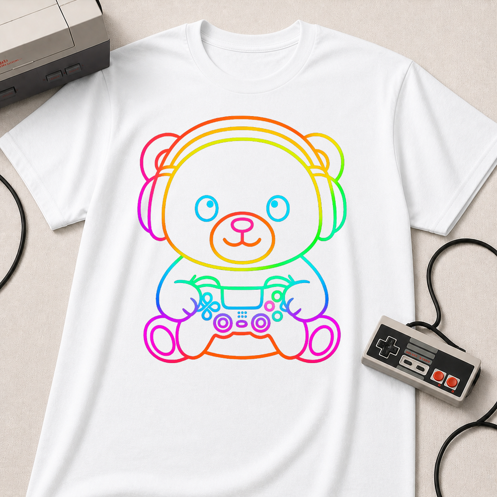 Gaming Bear Graphic Tee — Rainbow Cute Gamer Teddy Shirt