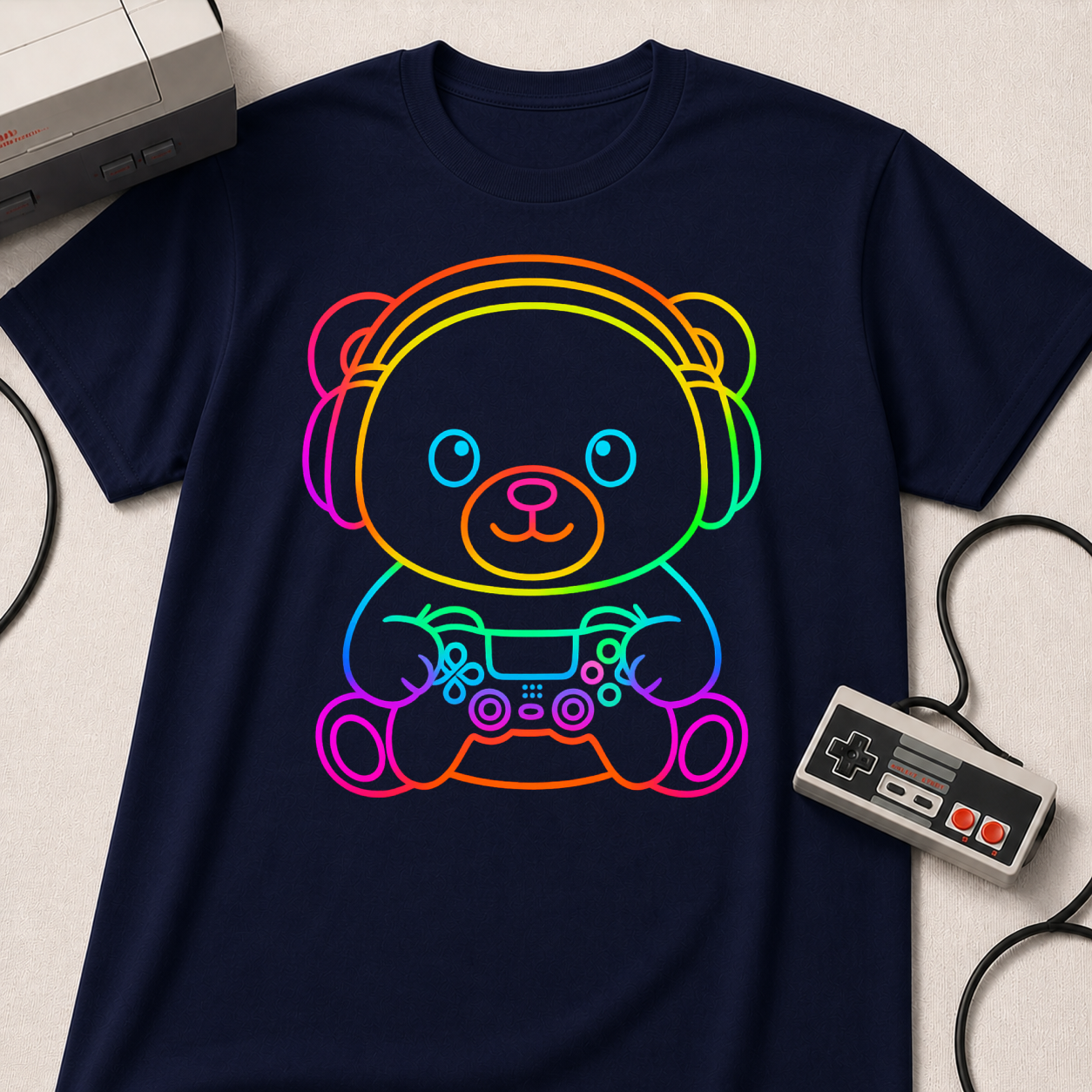Gaming Bear Graphic Tee — Rainbow Cute Gamer Teddy Shirt