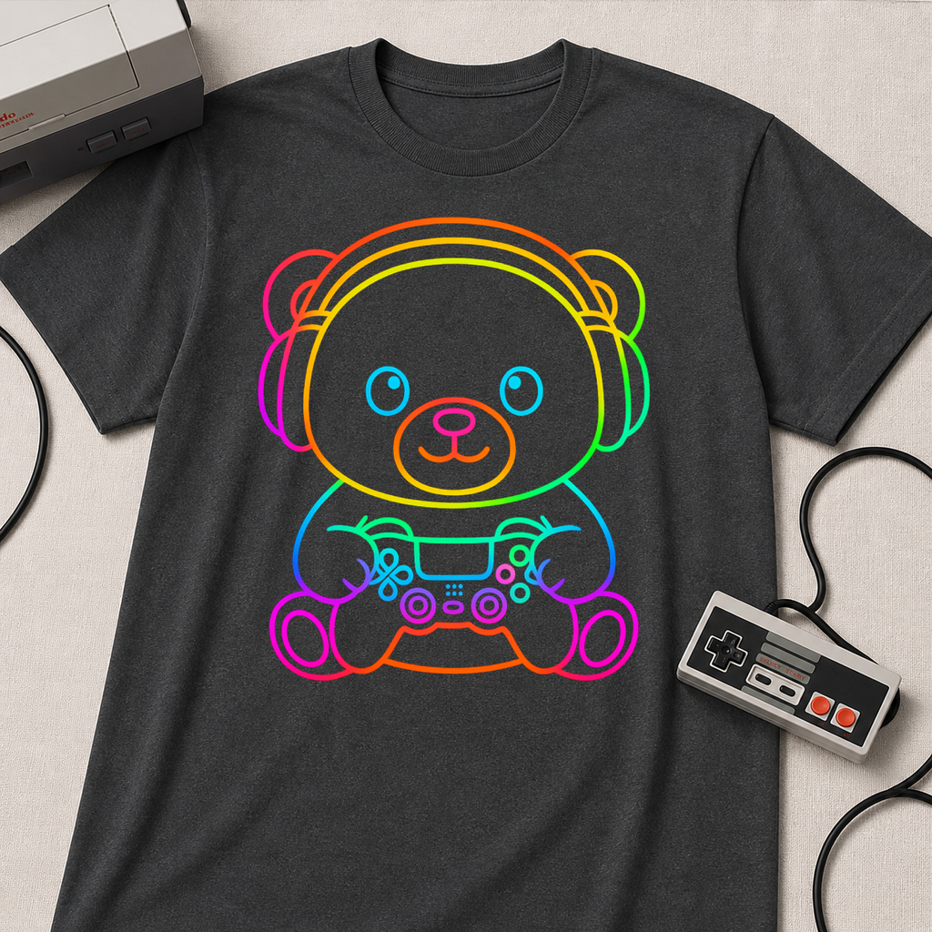 Gaming Bear Graphic Tee — Rainbow Cute Gamer Teddy Shirt