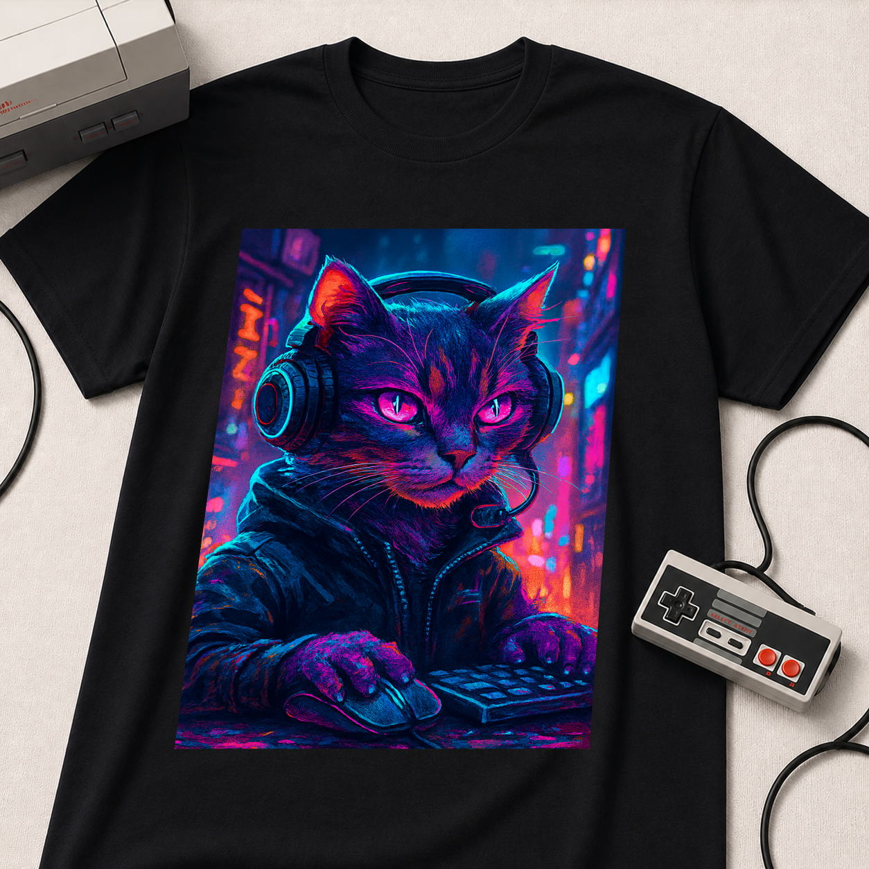 Cyberpunk Cat T-Shirt | Neon Gamer Kitty Graphic Tee