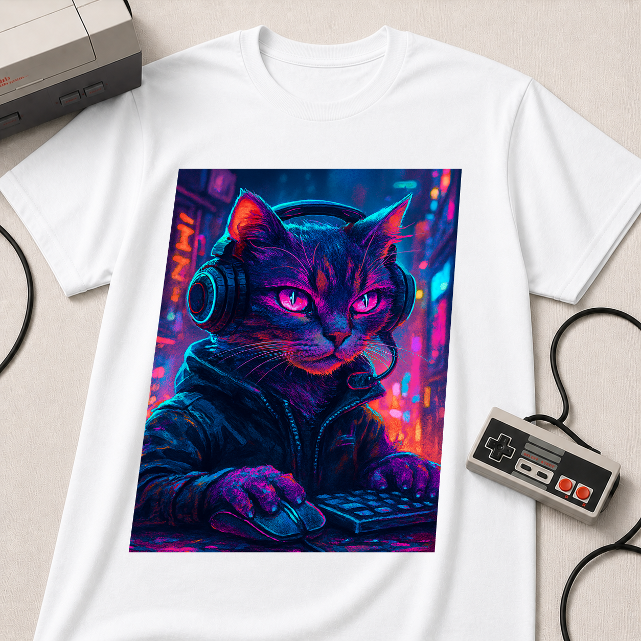 Cyberpunk Cat T-Shirt | Neon Gamer Kitty Graphic Tee