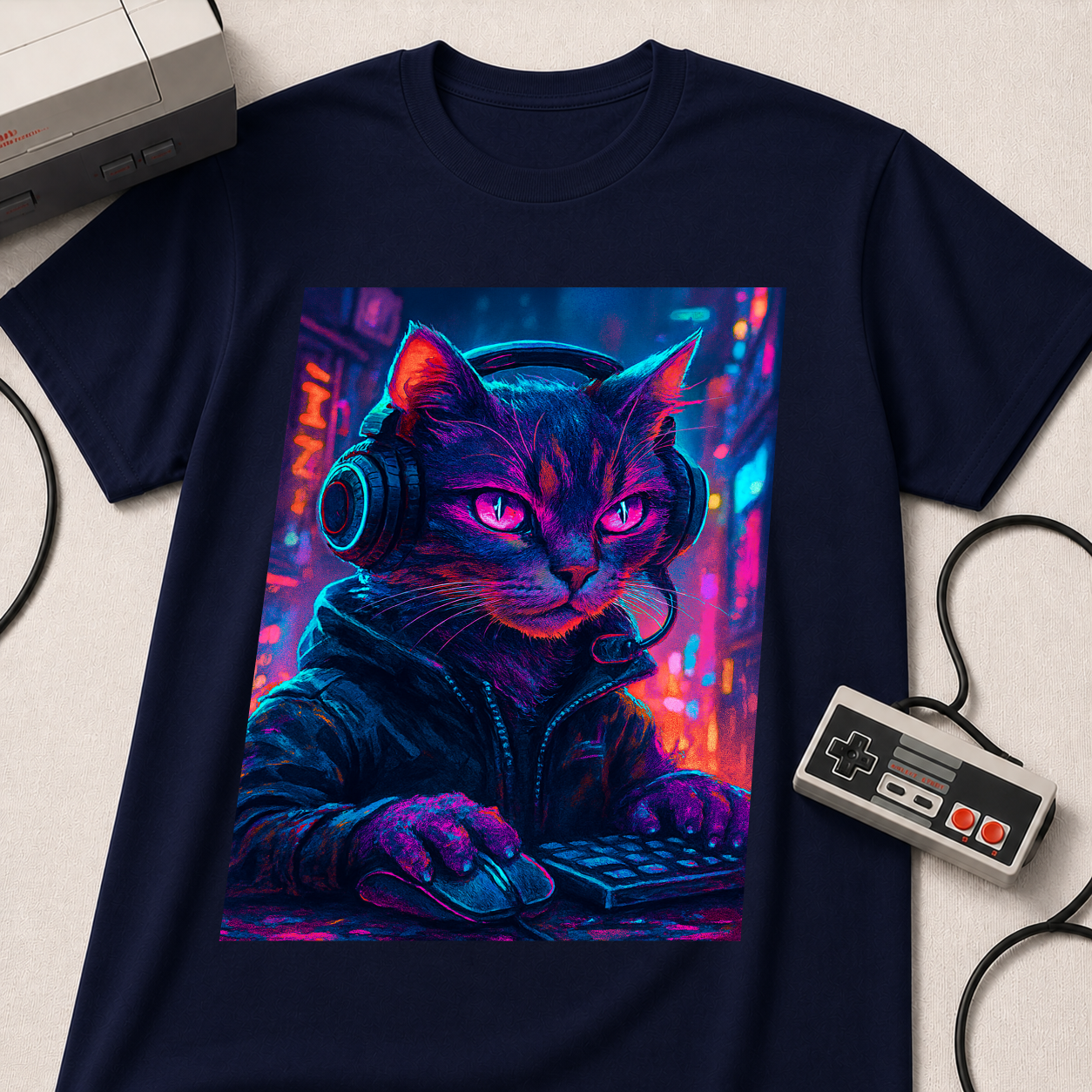 Cyberpunk Cat T-Shirt | Neon Gamer Kitty Graphic Tee