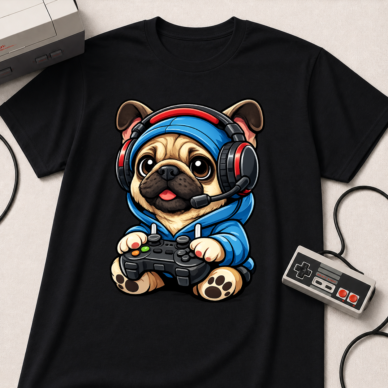 Gamer Pug T-Shirt | Cute Pug with Headset & Controller Graphic