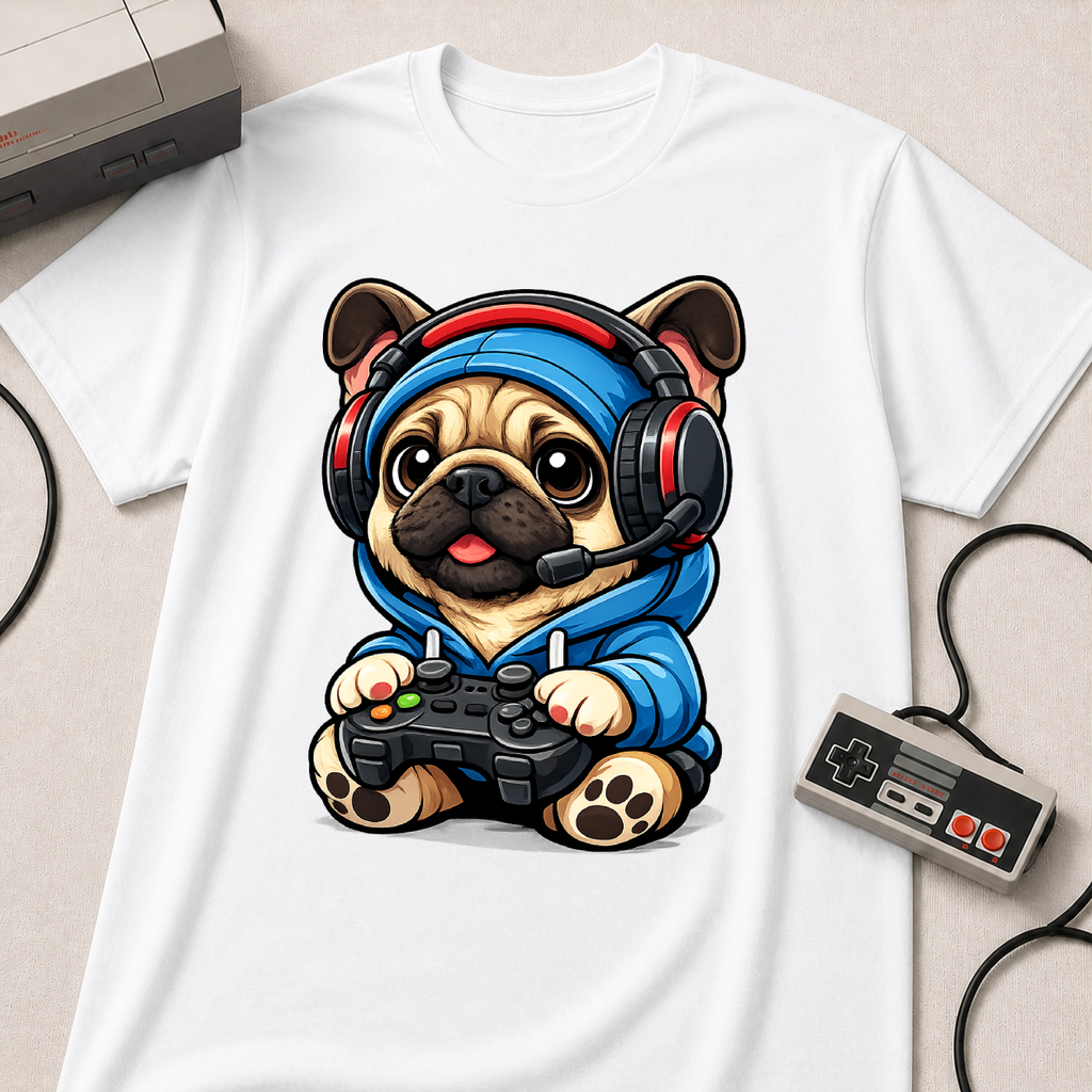 Gamer Pug T-Shirt | Cute Pug with Headset & Controller Graphic