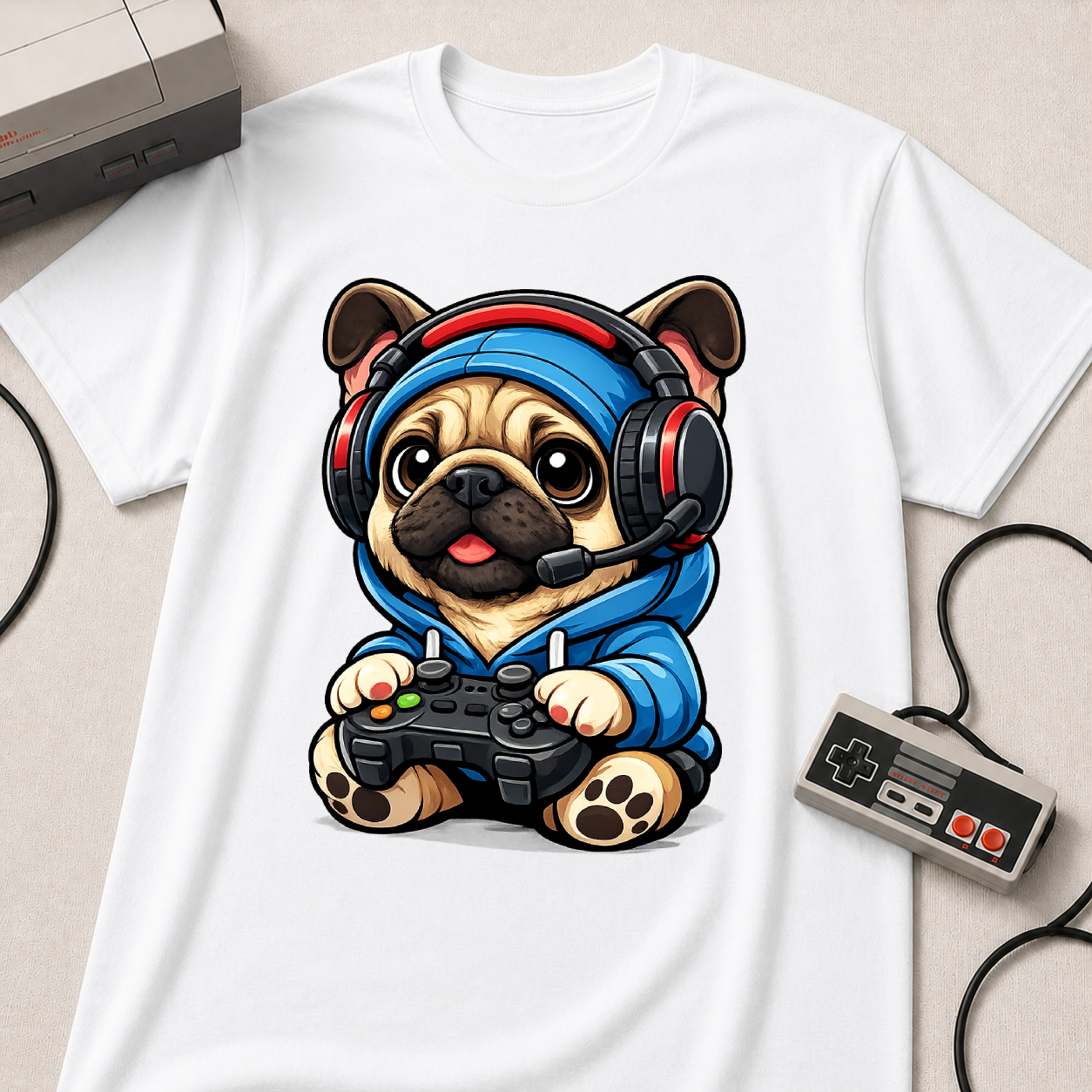 Gamer Pug T-Shirt | Cute Pug with Headset & Controller Graphic