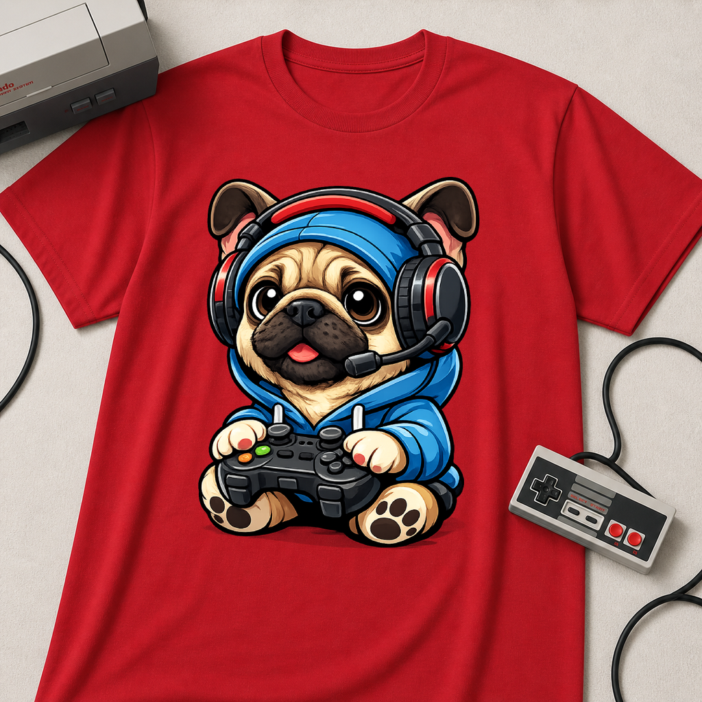 Gamer Pug T-Shirt | Cute Pug with Headset & Controller Graphic
