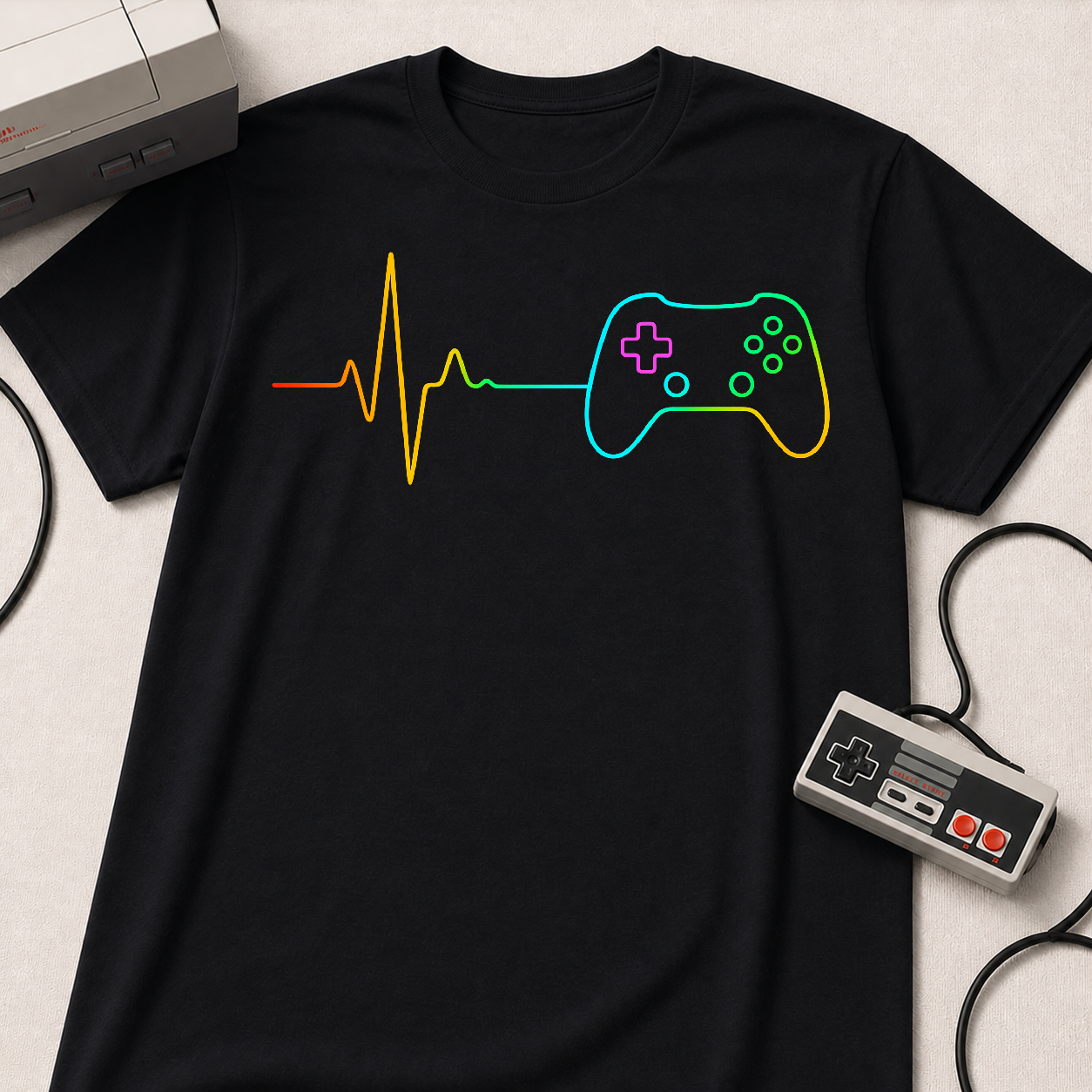 Heartbeat Game Controller T-Shirt | Neon Gaming Pulse Tee