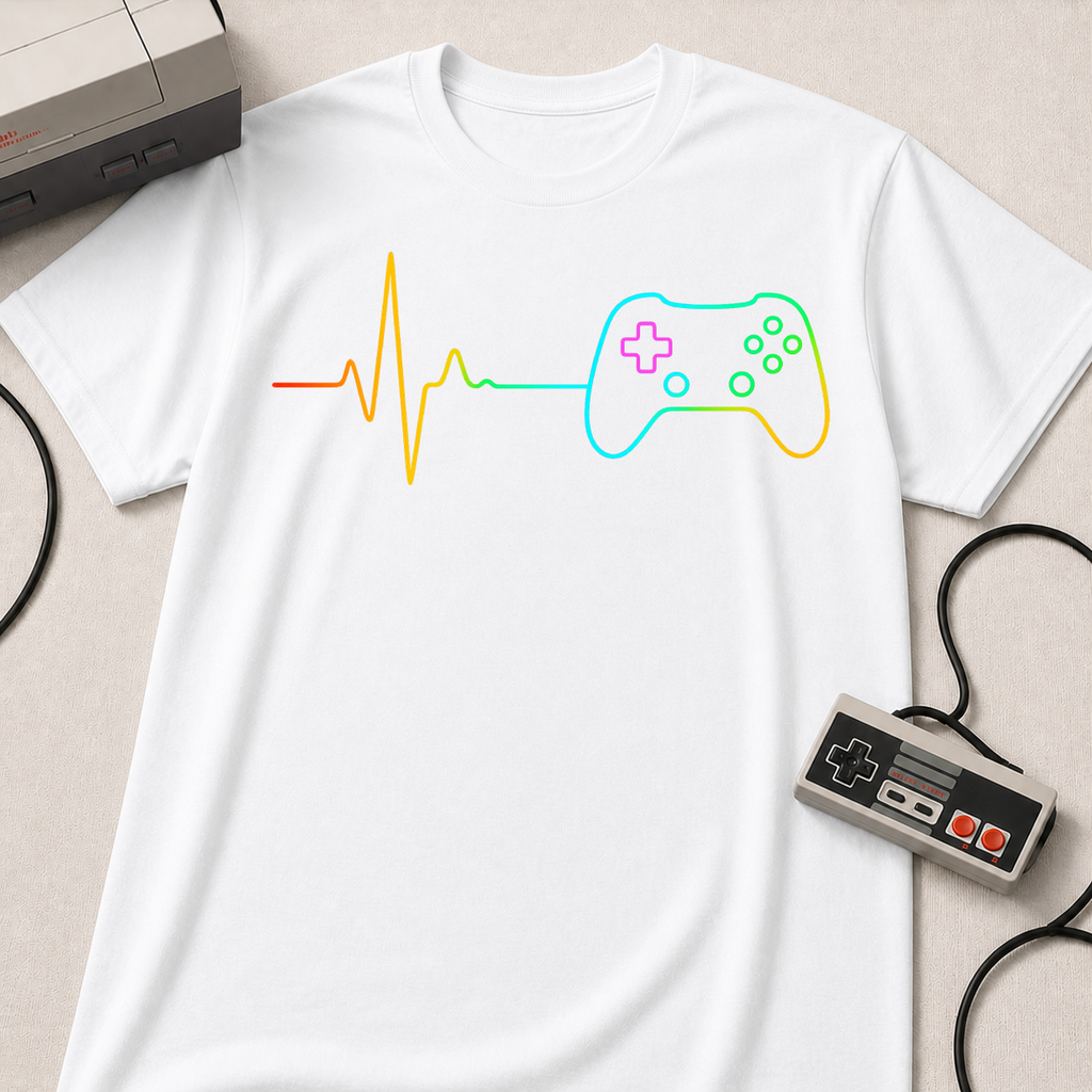 Heartbeat Game Controller T-Shirt | Neon Gaming Pulse Tee