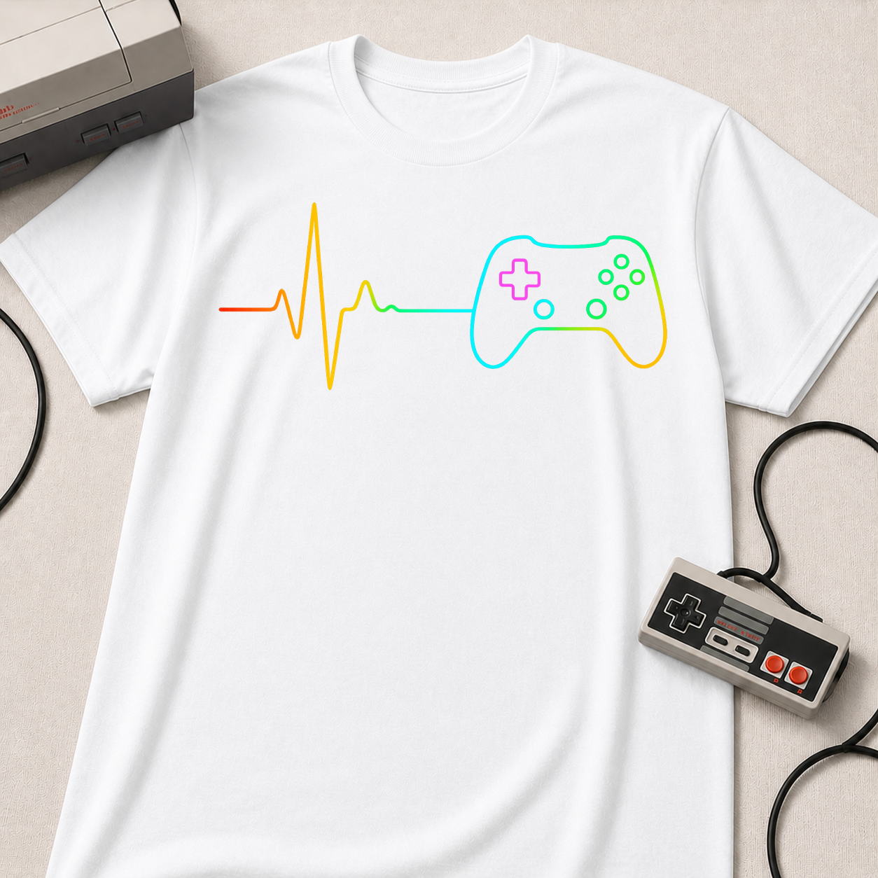 Heartbeat Game Controller T-Shirt | Neon Gaming Pulse Tee