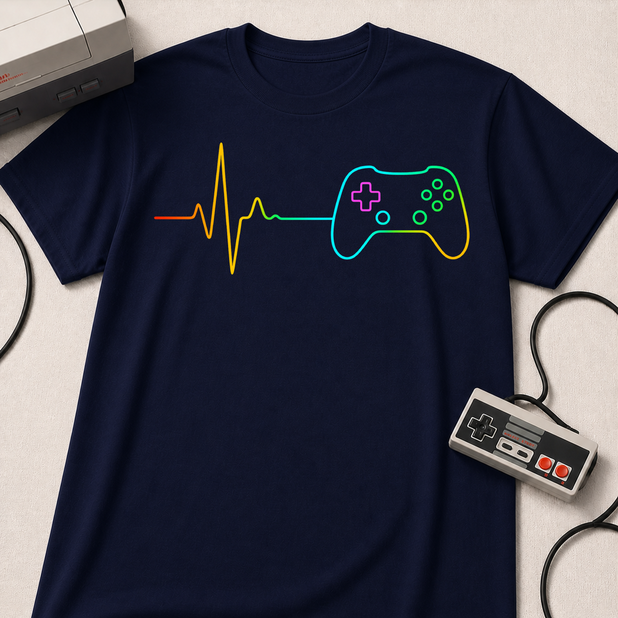 Heartbeat Game Controller T-Shirt | Neon Gaming Pulse Tee