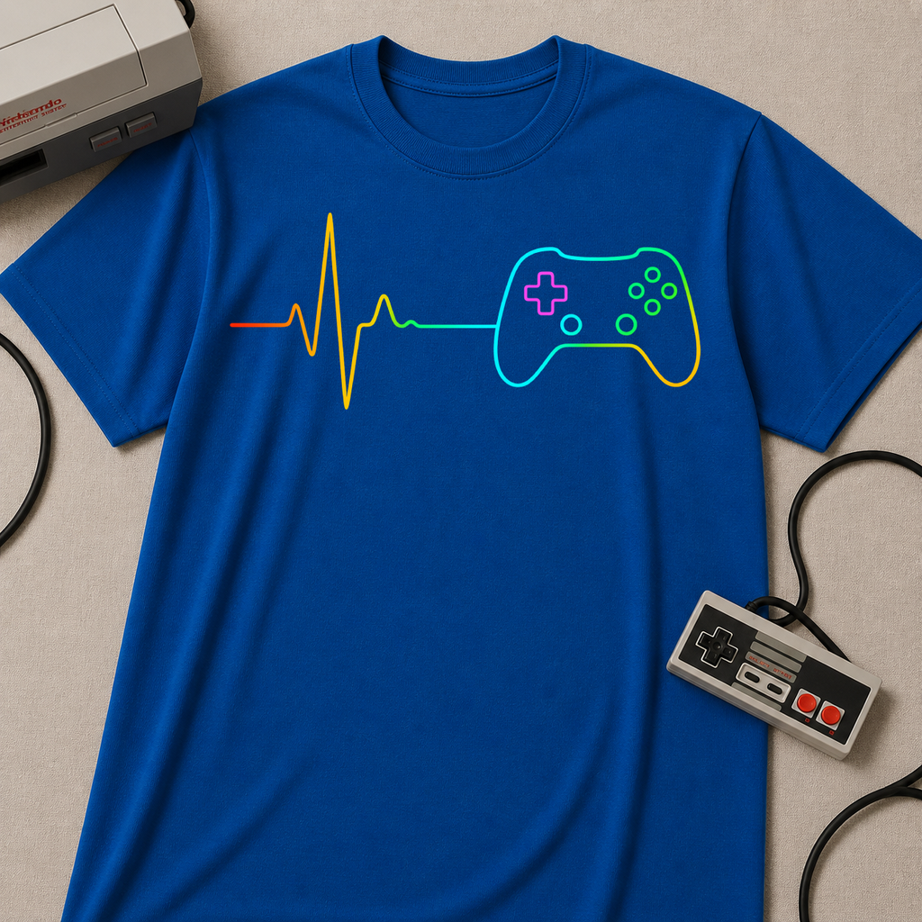 Heartbeat Game Controller T-Shirt | Neon Gaming Pulse Tee