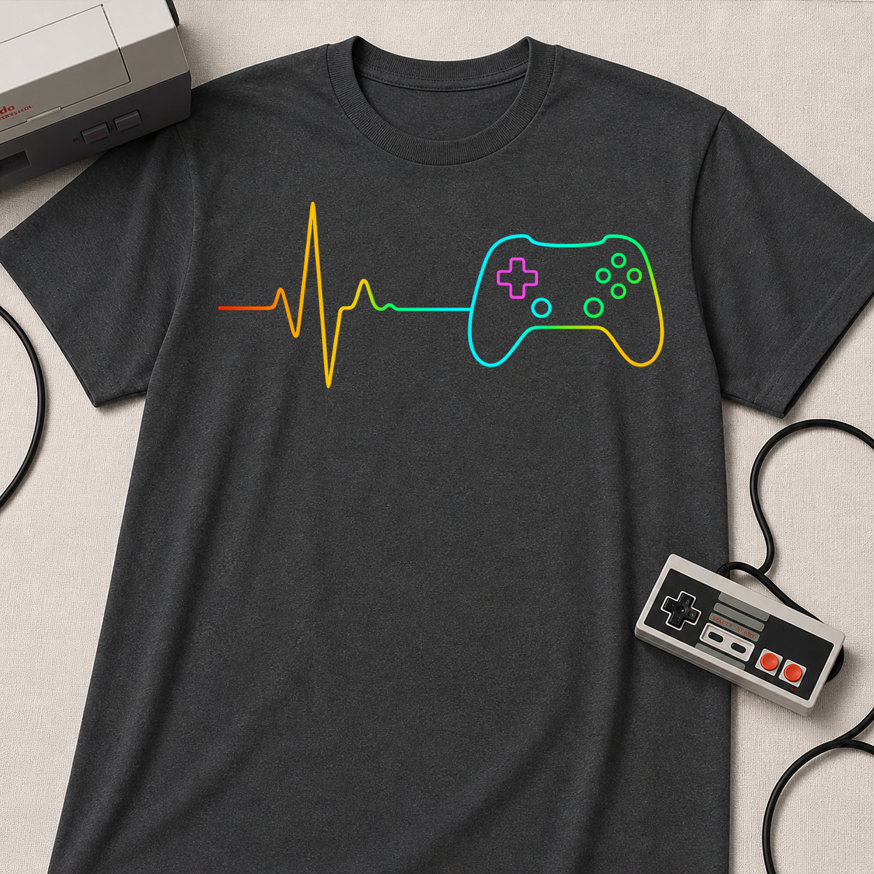 Heartbeat Game Controller T-Shirt | Neon Gaming Pulse Tee