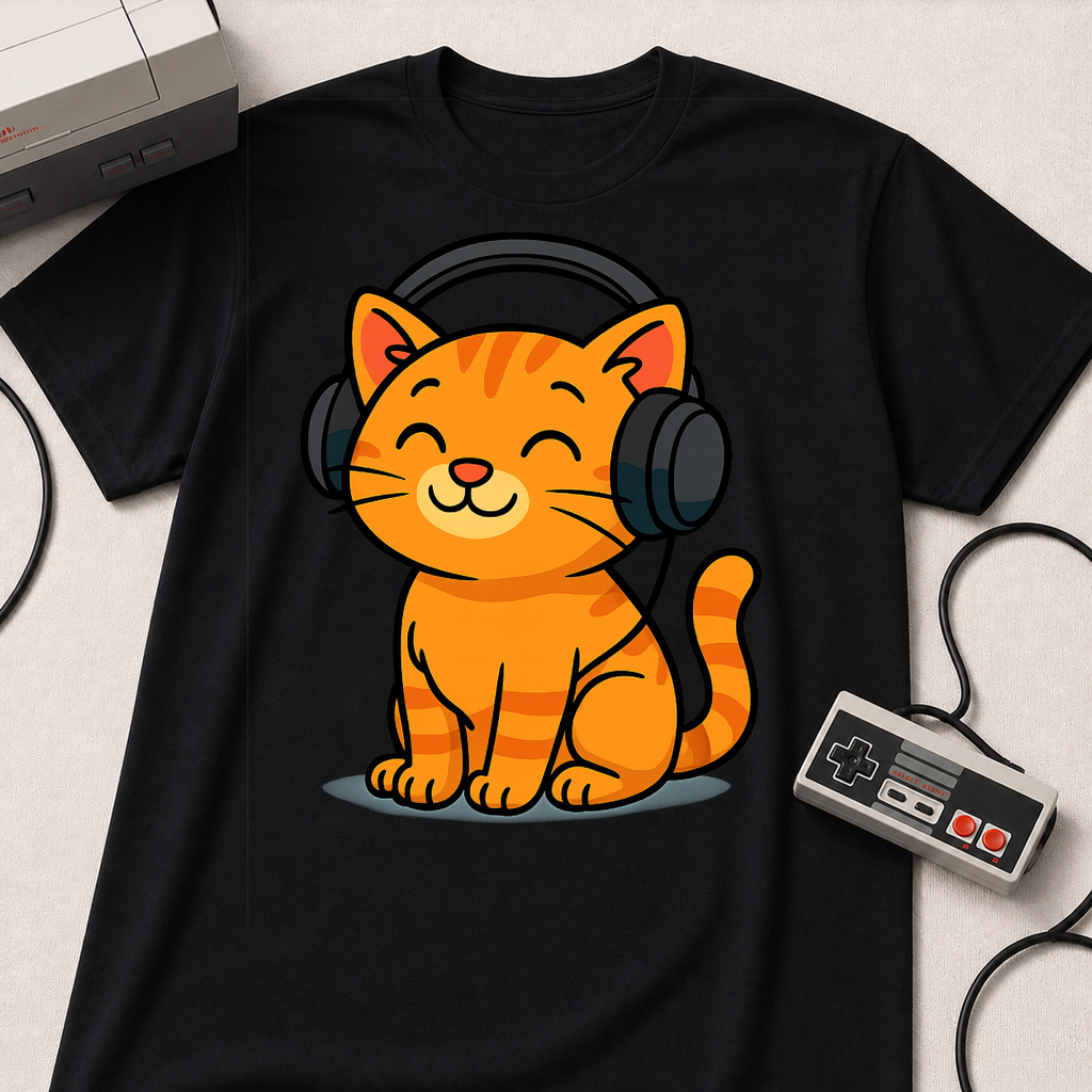 Orange Kitty with Headphones T-Shirt | Cute Cat Music Gamer Tee