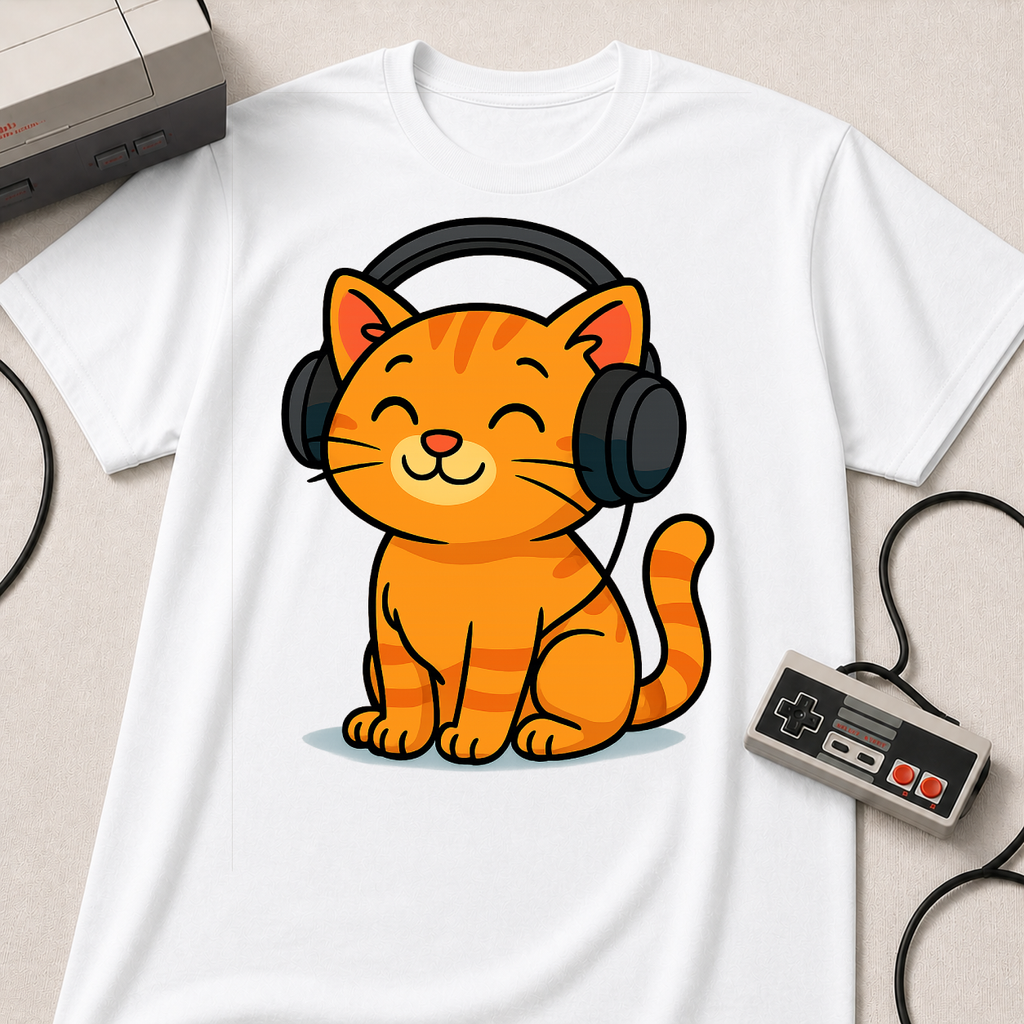 Orange Kitty with Headphones T-Shirt | Cute Cat Music Gamer Tee