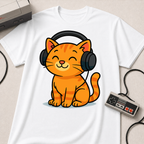Orange Kitty with Headphones T-Shirt | Cute Cat Music Gamer Tee