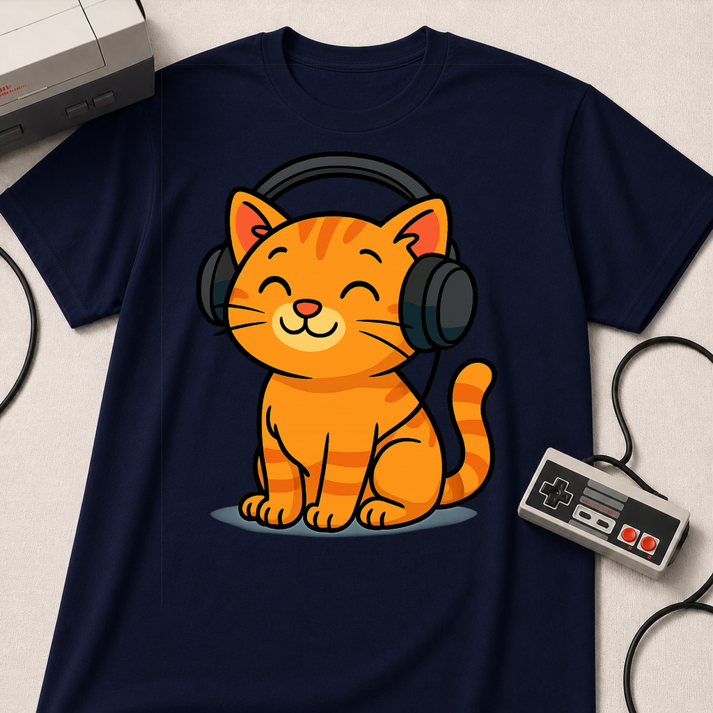 Orange Kitty with Headphones T-Shirt | Cute Cat Music Gamer Tee