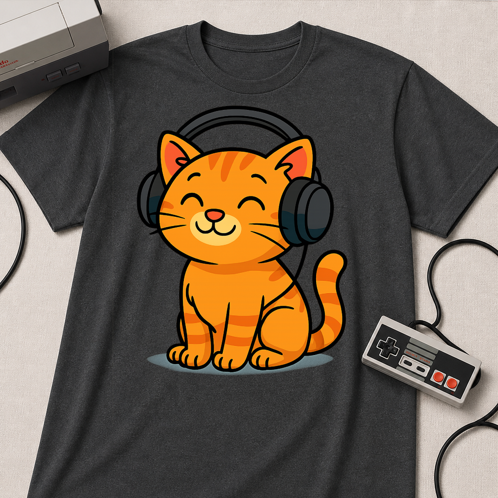 Orange Kitty with Headphones T-Shirt | Cute Cat Music Gamer Tee