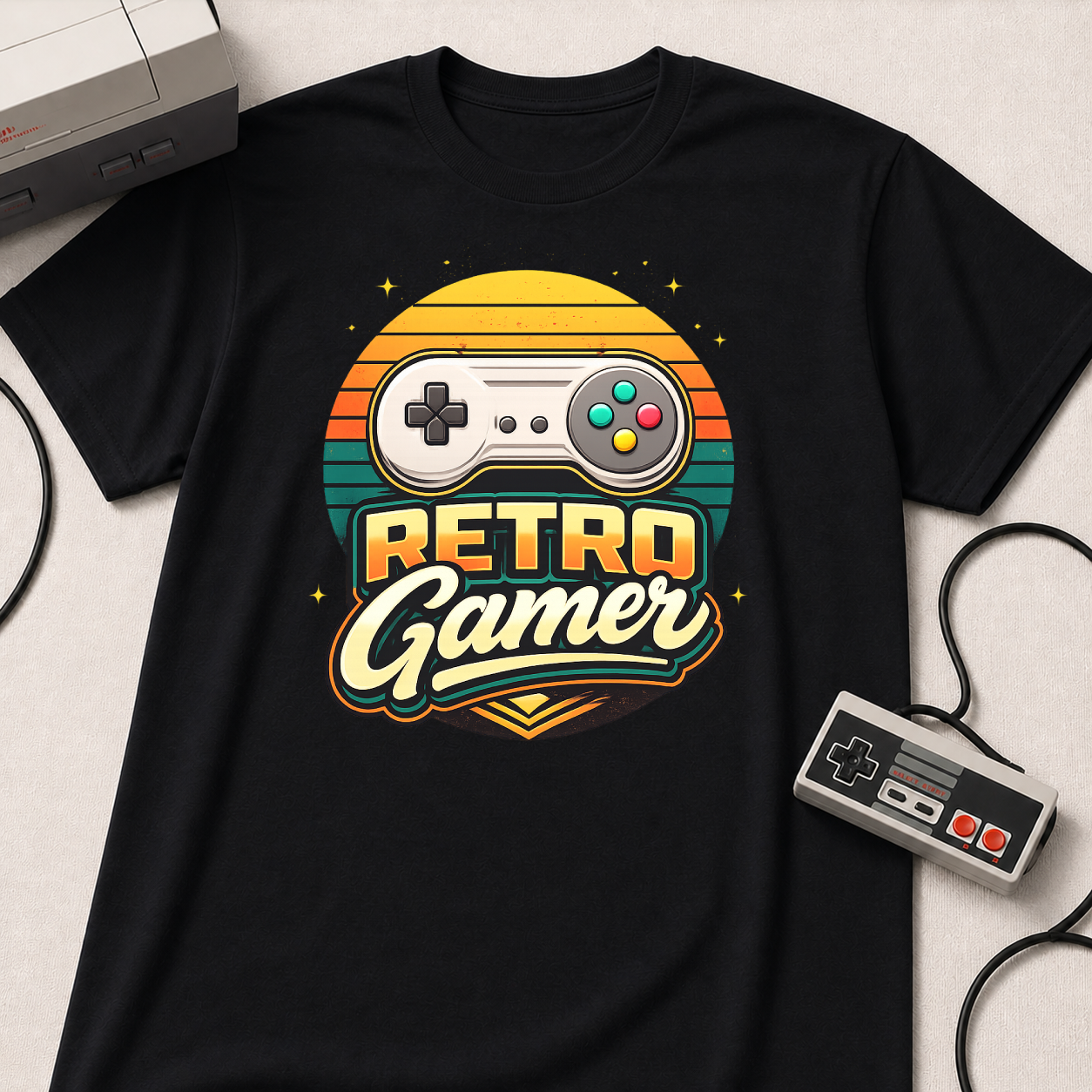 Retro Gamer | Retro Controller Graphic T-Shirt | Vintage Gamer Tee, Sun-Faded Palette