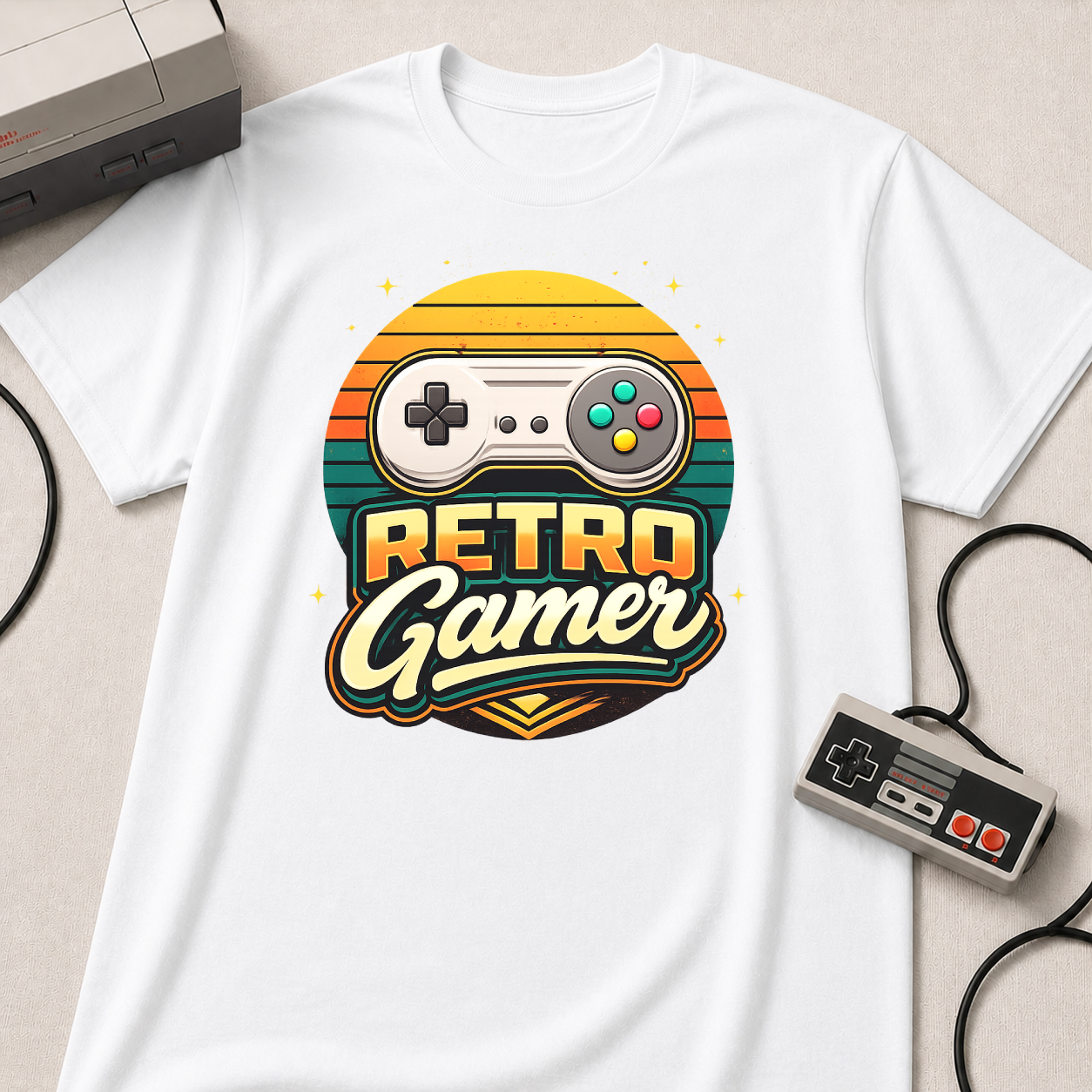 Retro Gamer | Retro Controller Graphic T-Shirt | Vintage Gamer Tee, Sun-Faded Palette