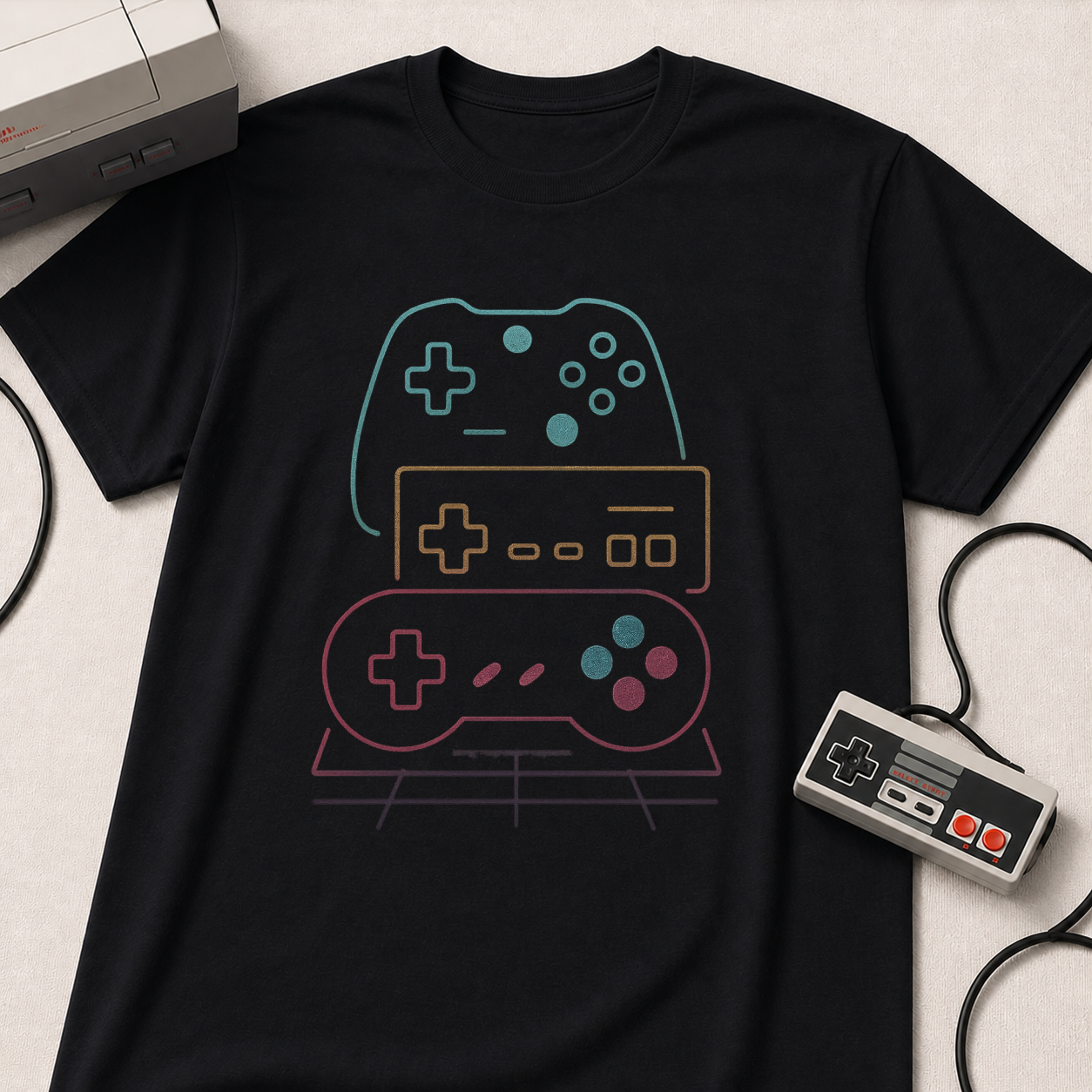 Colorful Video Game Controllers T-Shirt | Retro Gaming Graphic Tee