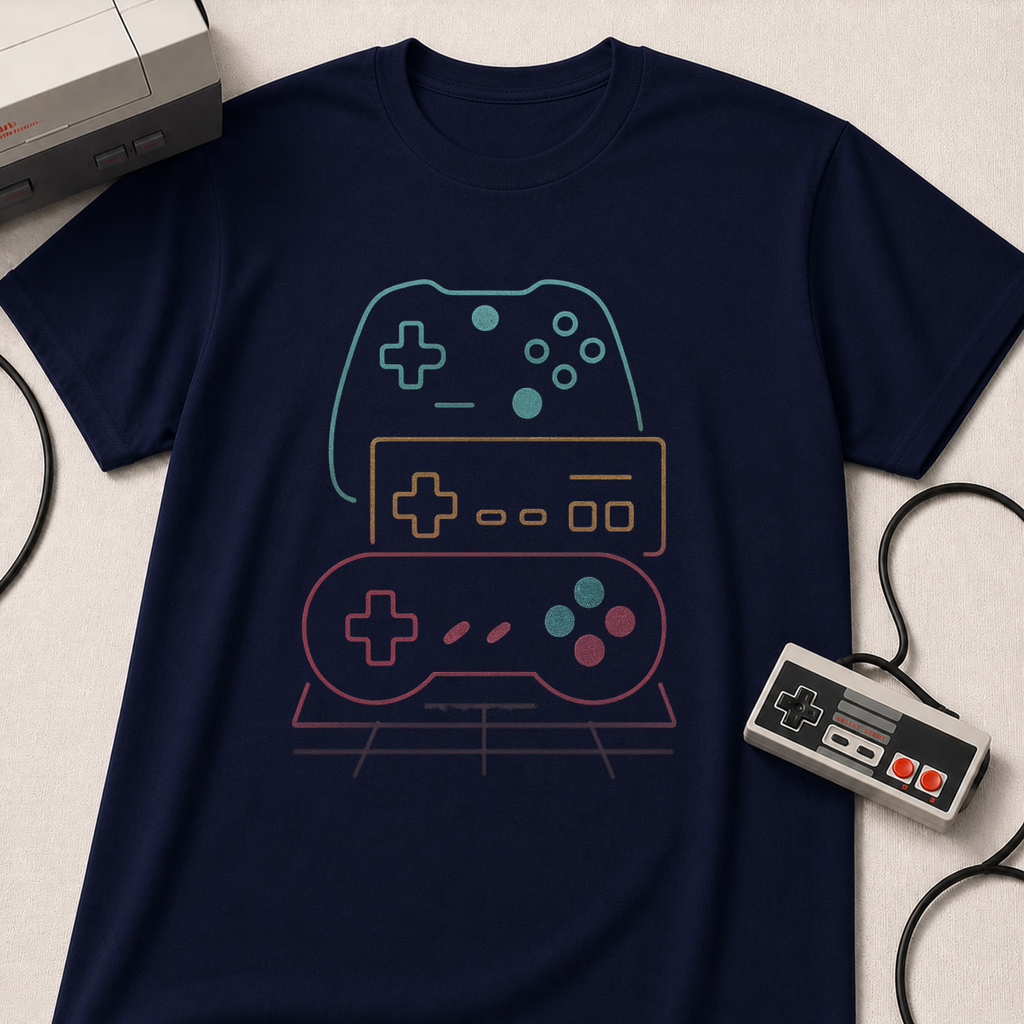 Colorful Video Game Controllers T-Shirt | Retro Gaming Graphic Tee