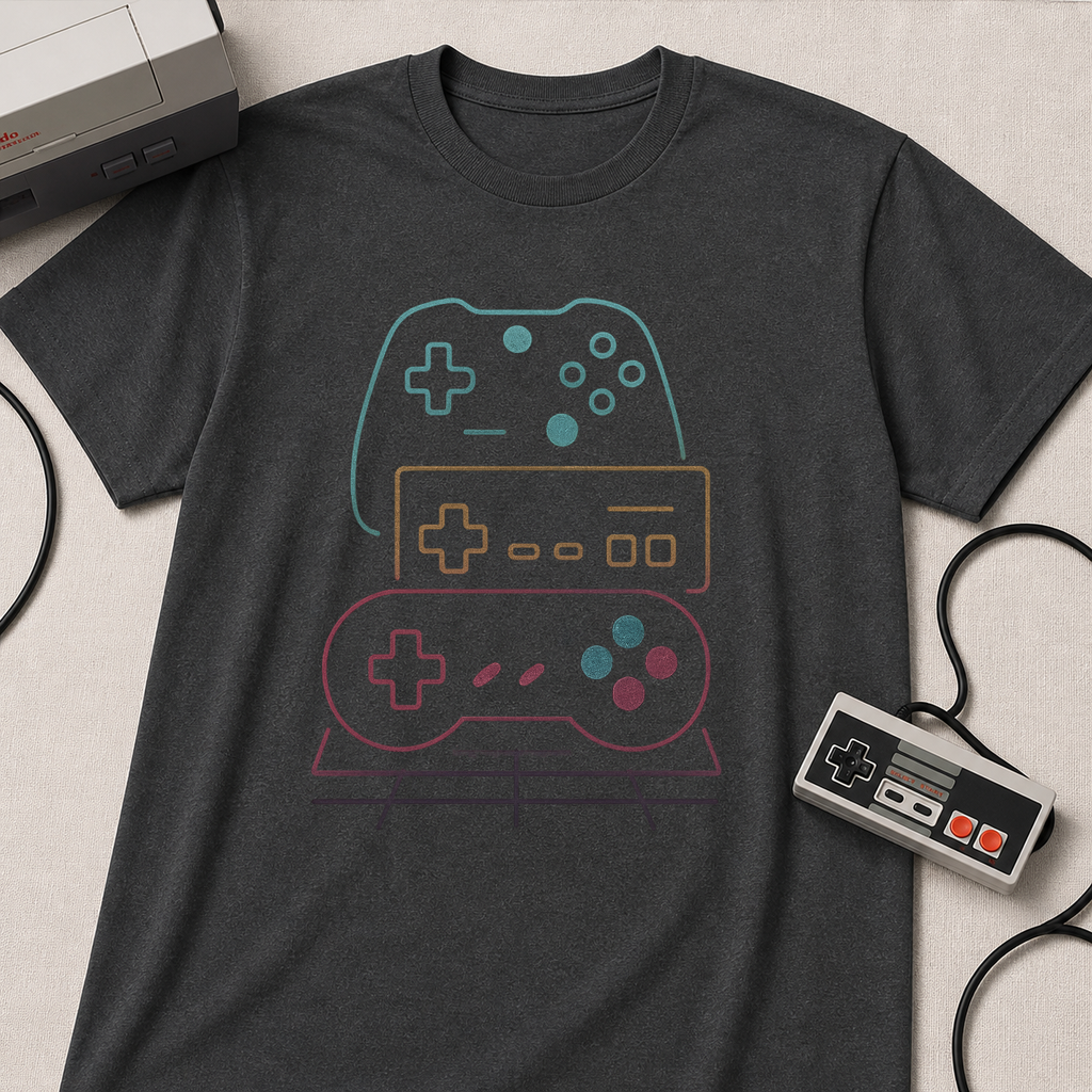 Colorful Video Game Controllers T-Shirt | Retro Gaming Graphic Tee