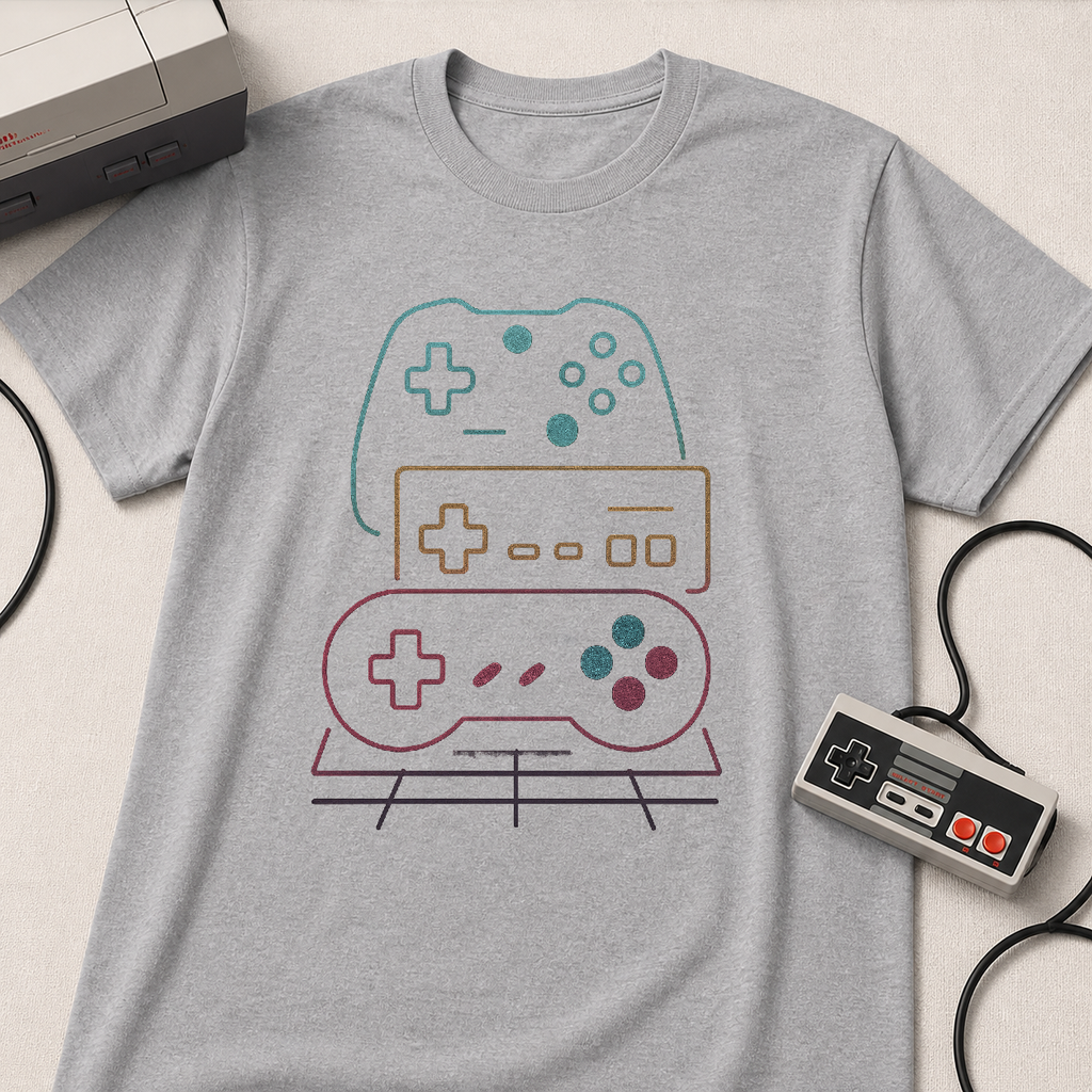 Colorful Video Game Controllers T-Shirt | Retro Gaming Graphic Tee