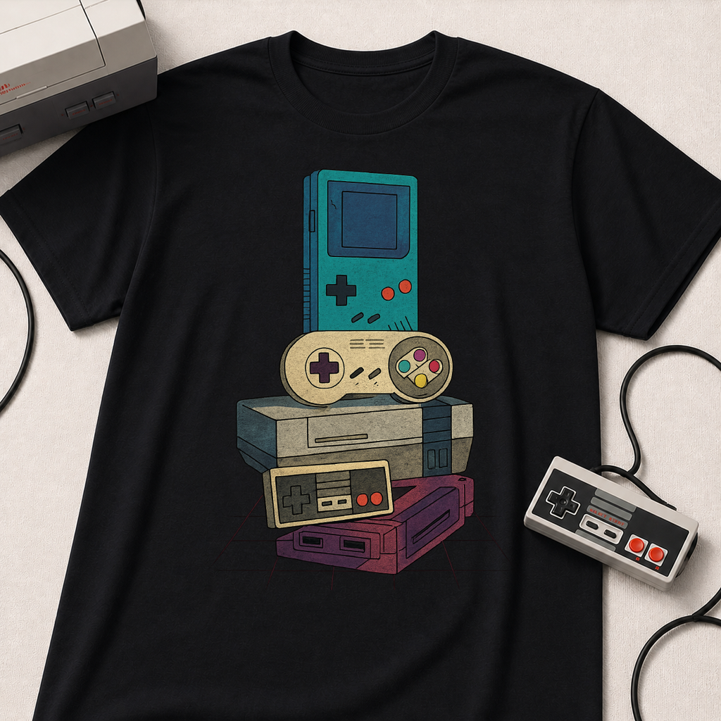 Retro Gaming Stack T-Shirt — Vintage Handheld & Console Graphic Tee