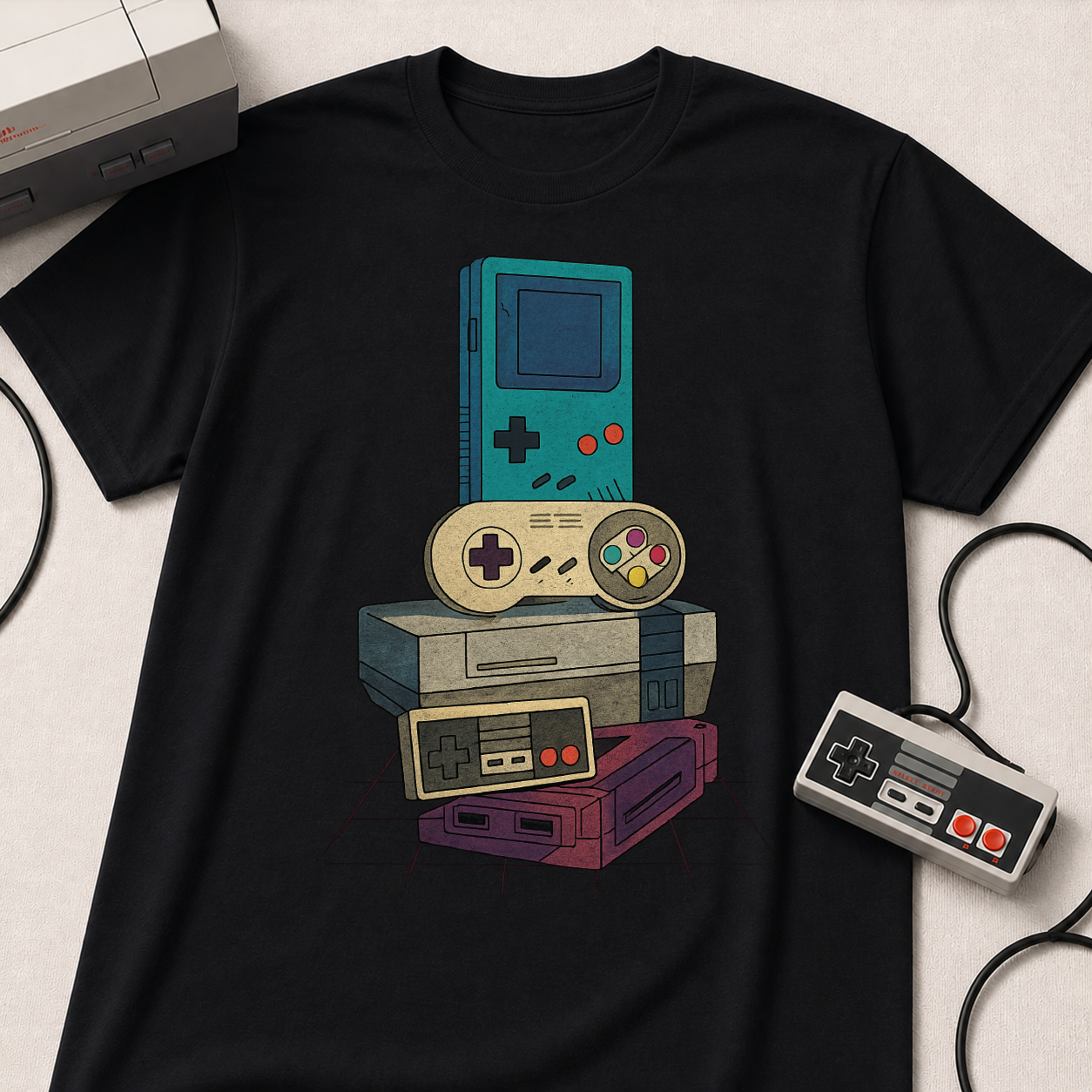 Retro Gaming Stack T-Shirt — Vintage Handheld & Console Graphic Tee