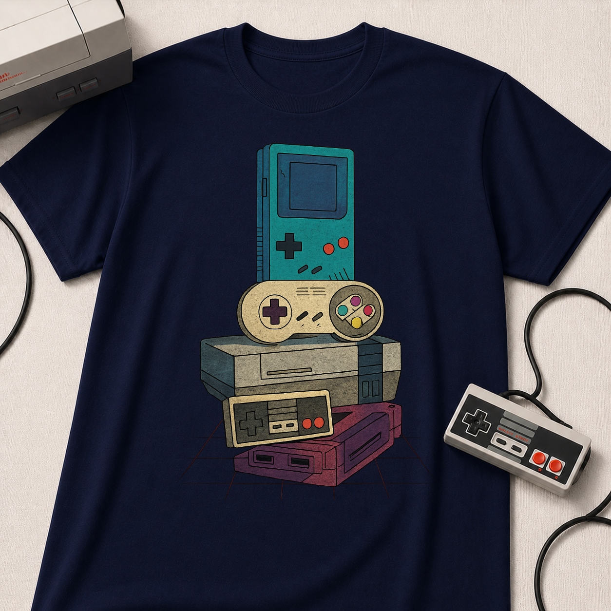 Retro Gaming Stack T-Shirt — Vintage Handheld & Console Graphic Tee
