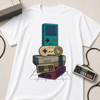 Retro Gaming Stack T-Shirt — Vintage Handheld & Console Graphic Tee
