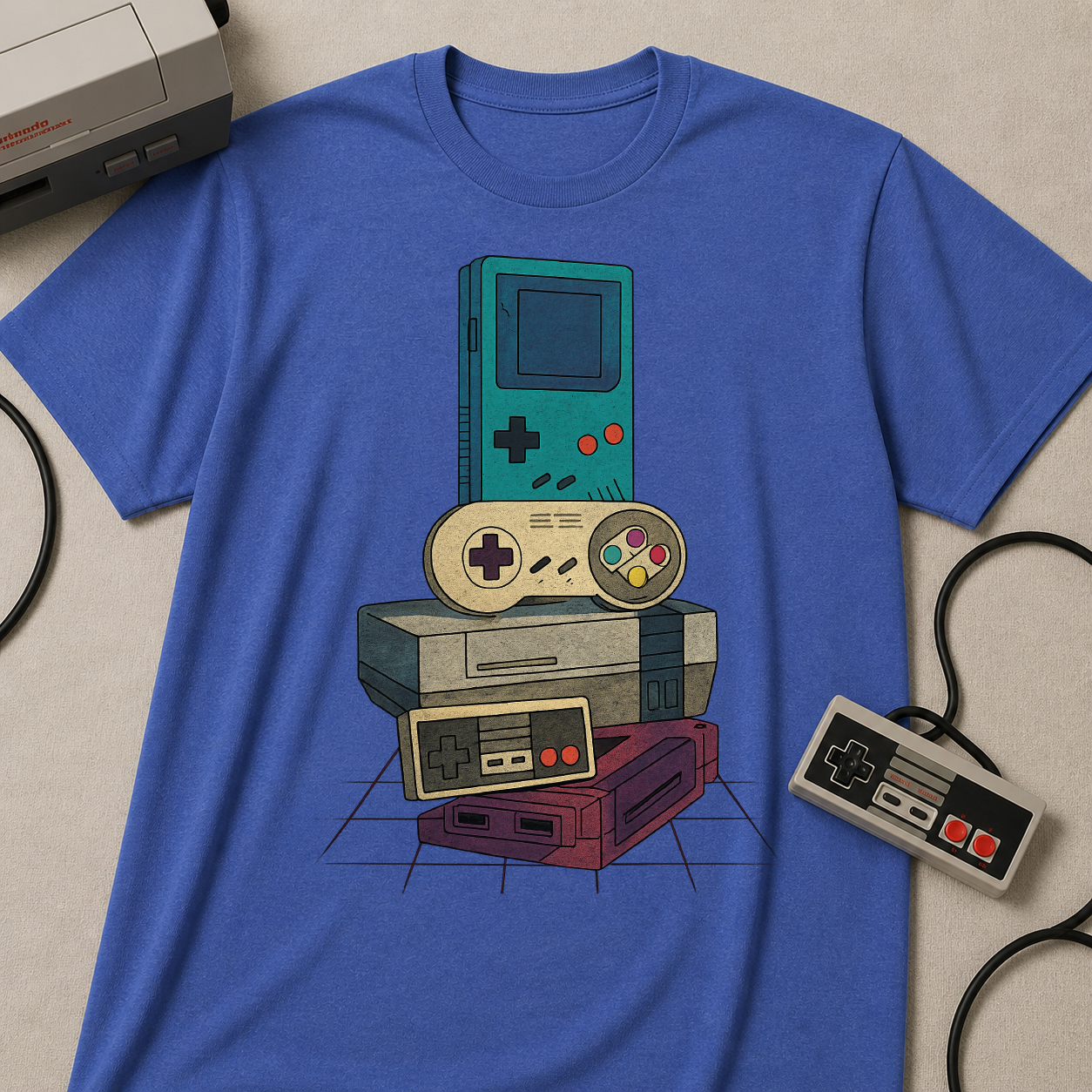 Retro Gaming Stack T-Shirt — Vintage Handheld & Console Graphic Tee
