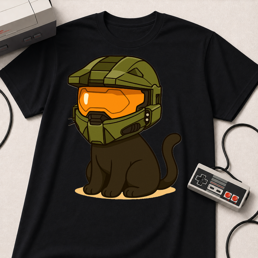 Cute Gamer Cat T‑Shirt | Black Cat Wearing Spartan Helmet Tee