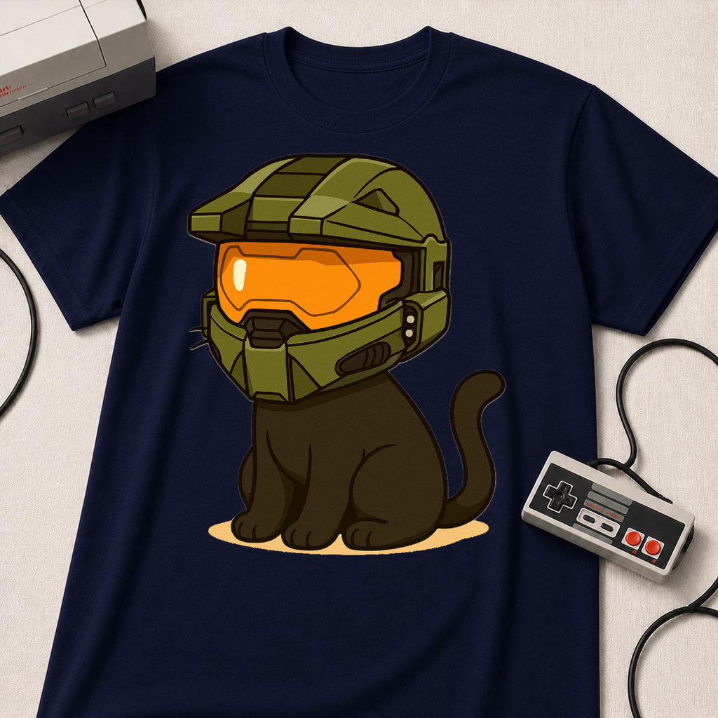 Cute Gamer Cat T‑Shirt | Black Cat Wearing Spartan Helmet Tee